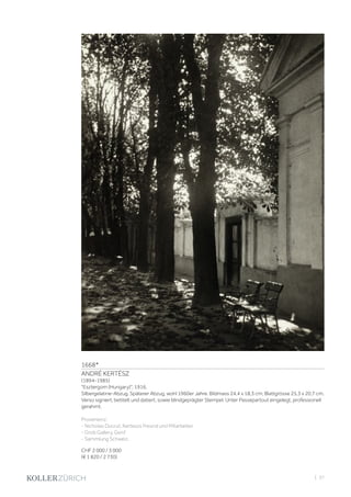 | 37
1668*
ANDRÉ KERTÉSZ
(1894-1985)
Esztergom (Hungary), 1916.
Silbergelatine-Abzug. Späterer Abzug, wohl 1960er Jahre. Bildmass 24,4 x 18,3 cm; Blattgrösse 25,3 x 20,7 cm.
Verso signiert, betitelt und datiert, sowie blindgeprägter Stempel. Unter Passepartout eingelegt, professionell
gerahmt.
Provenienz:
- Nicholas Ducrut, Kerteszs Freund und Mitarbeiter.
- Grob Gallery, Genf.
- Sammlung Schweiz.
CHF 2 000 / 3 000
(€ 1 820 / 2 730)
 