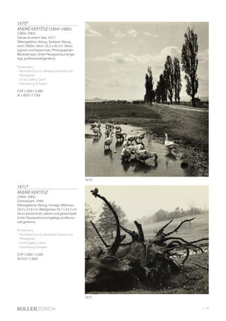 | 39
1670*
ANDRÉ KERTÉSZ (1894-1985).
(1894-1985)
Gänse an einem See, 1917.
Silbergelatine-Abzug. Späterer Abzug,
wohl 1960er Jahre. 25,5 x 20 cm. Verso
signiert und bezeichnet, Photographen-
Blindstempel. Unter Passepartout einge-
legt, professionell gerahmt.
Provenienz:
- Nicholas Ducrut, Kerteszs Freund und
Mitarbeiter.
- Grob Gallery, Genf.
- Sammlung Schweiz.
CHF 2 000 / 3 000
(€ 1 820 / 2 730)
1671*
ANDRÉ KERTÉSZ
(1894-1985)
Central park, 1944.
Silbergelatine-Abzug. Vintage. Bildmass
19,3 x 21,6 cm; Blattgrösse 19,7 x 22,1 cm
Verso bezeichnet, datiert und gestempelt.
Unter Passepartout eingelegt, professio-
nell gerahmt.
Provenienz:
- Nicholas Ducrut, Kerteszs Freund und
Mitarbeiter.
- Grob Gallery, Genf.
- Sammlung Schweiz.
CHF 1 000 / 1 500
(€ 910 / 1 360)
1670
1671
 