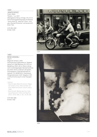 | 47
1684
JANOS SZASZ
(1925-2005)
Pardon..., ca. 1957.
Silbergelatine-Abzug. Vintage. 18 x 24 cm.
Verso Photographenstempel mit Adresse
Janos Szasz Dr., Jokai Ter 5, Pecs - Hun-
gary, Mecseki Photoclub und handschrift-
licher Titel.
CHF 400 / 600
(€ 360 / 550)
1685
RENÉ GROEBLI
(1927)
Magie der Schiene, 1949.
Photogravüre/ Kupfertiefdruck. Späterer
Abzug, um 1998. Bildmass 24 x 19,5 cm;
Blattgrösse 39,8 x 30 cm. Recto voll sig-
niert und blindgeprägter Stempel (wohl der
Druckers). Verso zusätzlich voll signiert,
Photographen-Copyrightstempel mit
Adresse CH-8038 Zürich, Switzerland,
Morgentalstrasse 115A, Negativnr. 559
und Nummerierung I/V. Unter Passepar-
tout.
Literatur:
- René Groebli, Albert Ehrismann. Magie
der Schiene. Fotos: Rene Groebli. Ge-
dicht: Albert Ehrismann. Zürich, Kubus,
1949.
- René Groebli. Werkverzeichnis. Cata-
logue Raisonné. A Personal Selection.
Zürich, 2019. (Abb. S. 18 u. 19, Nr. 559.
CHF 500 / 800
(€ 450 / 730)
1684
1685
 