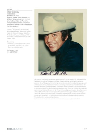 | 59
1704*
ANDY WARHOL
(1928-1987)
Paul Anka, um 1975.
Polaroid. Vintage. Unikat. Bildmass 9,5
x 7,2 cm; Gesamtgrösse 10,7 x 8,5 cm.
Unterhalb des Bildes von Paul Anka
voll signiert. Verso Estate- und Warhol
Foundation-Stempel. Unter Passepartout
montiert, gerahmt.
Literatur: Andy Warhol. Photography.
Ausstellungskatalog, Hamburger Kunst-
halle, 13. Mai bis 22. August 1999, The
Andy Warhol Museum, Pittsburgh, PA, 6.
November 1999 bis Mitte Februar 2000.
Zürich, 1999.
Provenienz:
- Heritage Auctions, New York, Auktion
5358 vom 5. Juni 2018, Los 73209.
- Sammlung Deutschland.
CHF 2 000 / 3 000
(€ 1 820 / 2 730)
Die Polaroid-Aufnahmen verwendete Warhol in erster Linie als bildnerische Vorlage für seine
Siebdruck-Portraits auf Leinwand und Papier. Zugleich setzt er sie als Gleichmacher ein,
indem er alle auf das gleiche Format bringt, alle werden der gleichen Beleuchtung ausgesetzt
und in diesem Sinn standardisiert. In seiner Sammlung von Starphotos manifestiert sich der
Wunsch, Menschen symbolisch bildlich zu besitzen. Diesen Gedanken führt er weiter, indem
er sich die Aufnahme von den Portraitierten signieren lässt. Damit hat er nebst dem bildlichen
auch einen schriftlichen Beweis, mit der Person in Kontakt gewesen zu sein. Seine Sammlung
sind ein Who is Who der amerikanischen Kunstszene der siebziger und frühen achtziger
Jahre. Der Bildausschnitt beschränkt sich dabei in Nahaufnahmen auf das Gesicht und den
Ansatz des Oberkörpers. Ein solcher Ausschnitt erinnert an Passbilder, die man in einem
Photoautomaten selber anfertigen konnte.
(vgl. Christoph Heinrich: Andy Warhol. Art-director – Amateur – Künstler, in: Ausstellungskatalog, Zürich, 1999, S. 9-17).
 