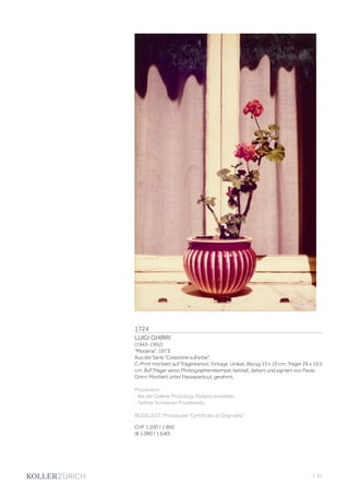 | 81
1724
LUIGI GHIRRI
(1943-1992)
Modena, 1973.
Aus der Serie Colazione sull'erbe.
C-Print montiert auf Trägerkarton. Vintage. Unikat. Abzug 15 x 10 cm; Träger 26 x 19,5
cm. Auf Träger verso Photographenstempel, betitelt, datiert und signiert von Paola
Ghirri. Montiert unter Passepartout, gerahmt.
Provenienz:
- Bei der Galerie Photology, Mailand erworben.
- Seither Schweizer Privatbesitz.
BEIGELEGT: Photokopie Certificato di Originalità.
CHF 1 200 / 1 800
(€ 1 090 / 1 640)
 