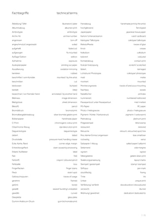 | 91
Abbildung/ Tafel illustration/ plate
Albuminabzug albumen print
Ambrotypie ambrotype
Archiv-Nr. archive number
angerissen torn off
angeschmutzt/ angestaubt soiled
aufgehellt faded out
aufgezogen fix mounted
Auflage/ Edition edition
Aufnahme exposure
Auskopierpapier printing out paper
Aussilberung oxidation mirroring
berieben rubbed
beschriftet / vom Künstler inscribed / by the artist
beschnitten cut
bestossen bumped
betitelt titled
bezeichnet / von fremder Hand annotated / by another hand
Bildmass image dimension
Blattgrösse sheet dimension
Bleistift pencil
Bromöldruck bromoil print
Bromsilbergelatineabzug silver bromide gelatin print
Büttenpapier handmade paper
C-Print chromogenic colour print
Cibachrome-Abzug dye descrution print
Daguerreotypie daguerreotype
datiert dated
Druckstelle pressure mark/ handling crease
Ecke, Kante, Rand corner, edge, margin
Entwicklungsfleck stain caused by processing
Etikett/ Aufkleber label
Falz fold
Farbstift crayon/ coloured pencil
Fehlstelle loss
Fingerflecken finger stains
Fleck stain/ spot
Gebrauchsspuren traces of usage
gerahmt framed
getönt toned
gewellt waved/ buckling/ undulated
gewölbt curved
Glasplatte glass plate
Gummi-Arabicum-Druck gum bichromate print
Handabzug handmade print by the artist
hochglänzend ferrotyped
Japanpapier japanese tissue paper
Karton/ Untersatzkarton card/ cardboard
Kalotypie/ Talbotypie calotype/ talbotype
Klebstoffreste traces of glue
Knick crease
Kollodium collodium
koloriert coloured
Kontaktabzug contact print
Kratzer/ kratzspurig scratch/ scratched
lädiert damaged
Lichtdruck/ Phototypie collotype/ phototype
matt matte
montiert mounted
Montierungsreste traces of preciuous mounting
Nachlass estate
Nadellöcher pinholes
nummeriert numbered/ editioned
Passepartout/ unter Passepartout mat/ matted
PE-Papier RC paper
Photo-/ Heliogravüre photo-/ heliogravure
Pigment-/ Kohle-/ Karbondruck pigment-/ carbonprint
Platinabzug platinum print
Prägestempel blind stamp
restauriert restored
Retusche retouch, retouched spot/ line
Riss, kleiner Einriss/ angerissen tear, small tear
rückseitig verso
Salzpapier /-Abzug salted paper/ saltprint
Seitenrand side margine
signiert signed
Silbergelatine gelatin silver print
Skalierungsanweisung layout marks
Stempel / gestempelt stamp/ stamped
Stiftspur pen mark
stockfleckig foxing
Tinte ink
Unikat unique print
Verfärbung/ verfärbt discolouration/ discouloured
verwischt blurred
Widmung/ gewidmet dedication/ dedicated to
Fachbegriffe technical terms
 