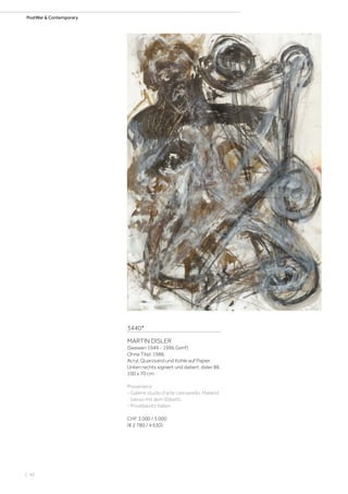 | 42
PostWar  Contemporary
3440*
MARTIN DISLER
(Seewen 1949 - 1996 Genf)
Ohne Titel. 1986.
Acryl, Quarzsand und Kohle auf Papier.
Unten rechts signiert und datiert: disler 86.
100 x 70 cm.
Provenienz:
- Galerie studio d‘arte cannaviello, Mailand
(verso mit dem Etikett).
- Privatbesitz Italien.
CHF 3 000 / 5 000
(€ 2 780 / 4 630)
 