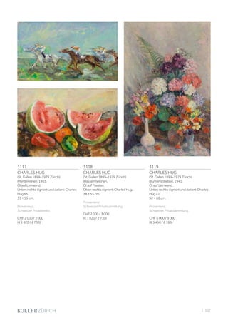 3117
CHARLES HUG
(St. Gallen 1899–1979 Zürich)
Pferderennen. 1965.
Öl auf Leinwand.
Unten rechts signiert und datiert: Charles
Hug 65.
33 × 55 cm.
Provenienz:
Schweizer Privatbesitz.
CHF 2 000 / 3 000
(€ 1 820 / 2 730)
3118
CHARLES HUG
(St. Gallen 1899–1979 Zürich)
Wassermelonen.
Öl auf Pavatex.
Oben rechts signiert: Charles Hug.
38 × 55 cm.
Provenienz:
Schweizer Privatsammlung.
CHF 2 000 / 3 000
(€ 1 820 / 2 730)
3119
CHARLES HUG
(St. Gallen 1899–1979 Zürich)
Blumenstillleben. 1941.
Öl auf Leinwand.
Unten rechts signiert und datiert: Charles
Hug 41.
92 × 60 cm.
Provenienz:
Schweizer Privatsammlung.
CHF 6 000 / 9 000
(€ 5 450 / 8 180)
| 107
 