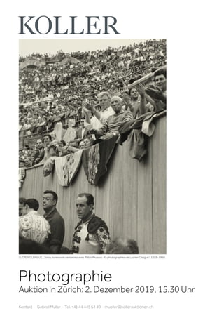LUCIEN CLERGUE. „Toros, toreros et centaures avec Pablo Picasso. 45 photographies de Lucien Clergue“, 1959-1966.
Photographie
Auktion in Zürich: 2. Dezember 2019, 15.30 Uhr
Kontakt · Gabriel Müller · Tel. +41 44 445 63 40 · mueller@kollerauktionen.ch
 