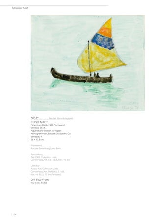 3057*	  Aus der Sammlung Loeb
CUNO AMIET
(Solothurn 1868–1961 Oschwand)
Venezia. 1934.
Aquarell und Bleistift auf Papier.
Monogrammiert, betitelt und datiert: CA
Venezia 34.
26 × 30,8 cm.
Provenienz:
Aus der Sammlung Loeb, Bern.
Ausstellung:
Biel 2001, Collection Loeb,
CentrePasquArt, 9.6.–19.8.2001, Nr. 30.
Literatur:
Ausst.-Kat. Collection Loeb,
CentrePasquArt, Biel 2001, S. 105,
Kat.-Nr. 30, S. 73 (mit Farbabb.).
CHF 3 000 / 4 000
(€ 2 730 / 3 640)
Schweizer Kunst
| 54
 