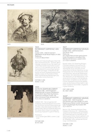3625
REMBRANDT HARMENSZ. VAN
RIJN
(Leiden 1606 – 1669 Amsterdam)
SelbstbildnismitderflachenKappe,um1642.
Radierung.
7 x 6,2 cm. Beschnitten
Bartsch 26; Hinterding/Rutgers (New Holl-
stein 210 wohl III (von III). - Schöner, gleich-
mässiger und klarer Druck. Der obere und
untere Rand stärker beschnitten (zusam-
men ca. 2,3 cm), deshalb ohne die für die
Zustandsbestimmung wichtige Signatur
links über der Kappe. Umlaufend an den
Kanten auf einen Passepartoutausschnitt
geklebt, sodass die Rückseite sichtbar
bleibt. Partiell kleinere Bereibungen und
vereinzelte minime Fleckchen.
CHF 900 / 1 200
(€ 830 / 1 110)
3626
SCHELTE ADAMS BOLSWERT
(Bolsward 1586 - 1659 Antwerpen)
Waldlandschaft mit einem Pferdekarren
bei Mondlicht. Nach Peter Paul Rubens.
Kupferstich auf Bütten mit Wz. Lilie.
Verso mit brauner Feder alt bezeichnet.
31,5 x 44,5 cm. Gerahmt.
Hollstein 309. - Hervorragender, tief-
schwarzer und kontrastreicher Druck ohne
den Schriftrand. Auf die Einfassungslinie ge-
schnitten, diese überwiegend sichtbar. Am
oberen linken Rand mit dezenter Bräunung.
Am oberen Rand mittig mit winziger Res-
taurierung. Insgesamt in guter Erhaltung.
Provenienz:
- G. A. Cardew (geb.1865), London, Lugt
1134.
CHF 400 / 600
(€ 370 / 560)
3627
REMBRANDTHARMENSZVANRIJN
(Leiden 1606 – 1669 Amsterdam)
Der Perser, 1632.
Radierung.
Am unteren Rand mit dem gestochenen
frühen Monogramm und datiert: RHL
(Rembrandt Harmensz. Leyden) 1632.
11 x 7,8 cm. Gerahmt.
Nowell-Ustike 152; Hinterding/Rutgers
(The New Hollstein) 110 wohl I(von II). -
Überwiegend gleichmässiger und fein
zeichnender Druck. Der linke und der
untere Rand mit feinem Rändchen um die
Plattenkante, der rechte Rand teils mit fei-
nem Rändchen, teils auf die Plattenkante
geschnitten. Der obere Rand teils mit fei-
nem Rändchen um die Plattenkante, nach
rechts leicht schräg bis in die Darstellung
beschnitten. Umlaufend an den Rändern
in einen Passepartoutausschnitt geklebt,
sodas die Rückseite sichtbar bleibt. In den
Ecken mit kleinen Dünnstellen. Insgesamt
in guter Erhaltung.
CHF 1 500 / 2 000
(€ 1 390 / 1 850)
3628*
REMBRANDTHARMENSZ.VANRIJN
(Leiden 1606 - 1669 Amsterdam)
Der Zeichner nach dem Modell. Um 1639.
Radierung auf Bütten mit Wz. Strassburger
Lilie mit angehängten Buchstaben WR.
22,7 x 18,3 cm.
Bartsch 192; Hinterding/Ruttgers (New
Hollstein) 176 III (von IV). - Dreiseitig über-
wiegend auf die Plattenkante geschnitten,
der untere Rand leicht innerhalb der Dar-
stellung geschnitten. Dezent gebräunt und
wenig stockfleckig. Mit leichter horizonta-
ler Hängefalte. Verso wenige alte Montie-
rungs- und Klebereste.
CHF 900 / 1 200
(€ 830 / 1 110)
3627
3625 3626
3628
Alte Graphik
| 192
 