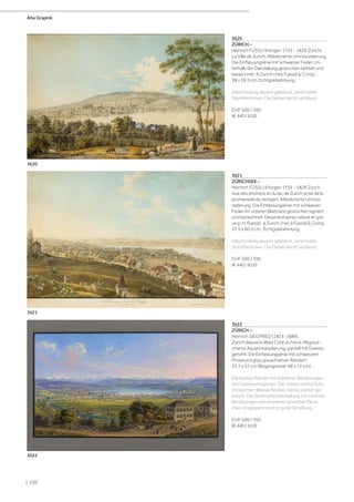 3620
ZÜRICH.-
Heinrich FÜSSLI (Horgen 1755 - 1829 Zürich).
La Ville de Zurich. Altkolorierte Umrissradierung.
Die Einfassungslinie mit schwarzer Feder. Un-
terhalb der Darstellung gestochen betitelt und
bezeichnet: A Zurich chez Fuessli & Comp..
38 x 59,5 cm. Echtgoldrahmung.
Gleichmässig dezent gebräunt, vereinzelte
Stockfleckchen. Die Farben leicht verblasst.
CHF 500 / 700
(€ 440 / 610)
3621
ZÜRICHSEE.-
Heinrich FÜSSLI (Horgen 1755 - 1829 Zürich.
Vue des environs et du lac de Zurich prise de la
promenade du rempart. Altkolorierte Umriss-
radierung. Die Einfassungslinie mit schwarzer
Feder. Im unteren Blattrand gestochen signiert
und bezeichnet: Dessine d'apres nature et gra-
ve p: H. Fuessli; à Zurich chez à Fuessli & Comp.
37,5 x 60,5 cm. Echtgoldrahmung.
Gleichmässig dezent gebräunt, vereinzelte
Stockfleckchen. Die Farben leicht verblasst.
CHF 500 / 700
(€ 440 / 610)
3622
ZÜRICH.-
Heinrich SIEGFRIED (1814-1889).
Zurich depuis la Waid Coté du Nord. Altgoua-
chierte Aquatintaradierung, partiell mit Eiweiss
gehöht. Die Einfassungslinie mit schwarzem
Pinsel und grau gouachierten Rändern.
33,7 x 57 cm (Bogengrösse: 48 x 72 cm).
Die breiten Ränder mit stärkeren Bereibungen
und Gebrauchsspuren. Die untere rechte Ecke
mit leichten Wasserflecken. Verso stärker ge-
bräunt. Die farbfrische Darstellung mit minimen
Bereibungen und einzelnen dezenten Fleck-
chen. Insgesamt noch in guter Erhaltung.
CHF 500 / 700
(€ 440 / 610)
3622
3620
3621
Alte Graphik
| 230
 