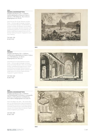 3641
PIRANESI, GIOVANNI BATTISTA
(Mogliano bei Mestre 1720 - 1778 Rom)
Veduta della Basilica e Piazza di S. Pietro in
Vaticano, 1748. Radierung. 40,2 x 54,3 cm
(Bogengrösse: 54 x 79 cm).
Hind 3 IV (von VII, mit der Adresse und dem
Preis). - Schöner, gleichmässiger und klarer
Druck mit breiten Rändern. Die Mittelfalte nur
schwach sichtbar. Die Rändern mit einzelnen
Knittern und wenigen kleineren Einrissen. Dort
partiell wenig gebräunt und stockfleckig. Die
Kanten stellenweise angeschmutzt und mit
leichten Gebrauchsspuren. Insgesamt in schö-
ner Erhaltung.
CHF 500 / 700
(€ 440 / 610)
3642
PIRANESI
(Mogliano bei Mestre 1720 - 1778 Rom)
Veduta interna della Basilica di S.Pietro in Vatica-
no, 1748. Radierung. 41 x 60 cm
(Bogengrösse: 54 x 78,5 cm).
Hind 4 III (von VI, mit der Adresse und dem
Preis). - Schöner, gleichmässiger und klarer
Druck mit breiten Rändern. Dort mit einzelnen
Knittern, partiell wenig angeschmutzt, minim
stockfleckig und wenige Gebrauchsspuren.
Die Kanten mit einzelnen kleinen Läsuren und
stellenweise mit minimen Papierverlusten.
Insgesamt in guter Erhaltung.
CHF 300 / 400
(€ 260 / 350)
3643
PIRANESI, GIOVANNI BATTISTA
(Mogliano bei Mestre 1720 - 1778 Rom)
Und GIOVANNI BATTISTA NOLLI. La topografia
di Roma, 1748. Kupferstich und Radierung.
46,3 x 68,9 cm (Bogengrösse: 55,5 x 82 cm).
Hind S.78; Wilton-Ely 1007. - Mit breiten Rän-
dern um die Plattenkante. Gleichmässig leicht
stockfleckig. Die Kanten mit Gebrauchsspuren
und etwas angeschmutzt, vereinzelte kleinere
Läsuren. Am unteren Rand mit kleinem Papier-
verlust. Insgesamt gut erhalten.
CHF 300 / 400
(€ 260 / 350)
3642
3643
3641
| 237
 
