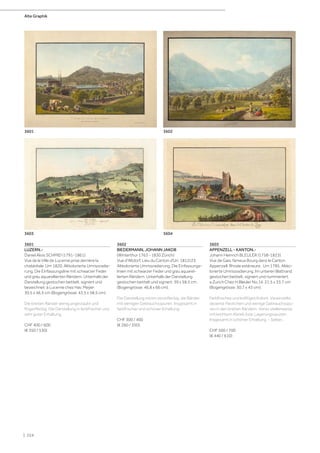 3601
LUZERN.-
Daniel Alois SCHMID (1791-1861).
Vue de la Ville de Lucerne prise derrière la
chatédrale. Um 1820. Altkolorierte Umrissradie-
rung. Die Einfassungsline mit schwarzer Feder
und grau aquarellierten Rändern. Unterhalb der
Darstellung gestochen betitelt, signiert und
bezeichnet: à Lucerne chez Hav. Meÿer
30,5 x 46,5 cm (Bogengrösse: 43,5 x 58,5 cm).
Die breiten Ränder wenig angestaubt und
fingerfleckig. Die Darstellung in farbfrischer und
sehr guter Erhaltung.
CHF 400 / 600
(€ 350 / 530)
3602
BIEDERMANN, JOHANN JAKOB
(Winterthur 1763 - 1830 Zürich)
Vue d'Altdorf, Lieu du Canton d'Uri, 1812/23.
Altkolorierte Umrissradierung. Die Einfassungs-
linien mit schwarzer Feder und grau aquarel-
lierten Rändern. Unterhalb der Darstellung
gestochen betitelt und signiert. 39 x 58,5 cm
(Bogengrösse: 46,8 x 66 cm).
Die Darstellung minim stockfleckig, die Ränder
mit wenigen Gebrauchsspuren. Insgesamt in
farbfrischer und schöner Erhaltung.
CHF 300 / 400
(€ 260 / 350)
3603
APPENZELL - KANTON.-
Johann Heinrich BLEULER (1758-1823).
Vue de Gais. fameux Bourg dans le Canton
Appenzell. Rhode extérieure. Um 1785. Altko-
lorierte Umrissradierung. Im unteren Blattrand
gestochen betitelt, signiert und nummeriert:
a Zurich Chez H.Bleuler No.14. 21,5 x 33,7 cm
(Bogengrösse: 30,7 x 43 cm).
Farbfrisches und kräftiges Kolorit. Vereinzelte
dezente Fleckchen und wenige Gebrauchsspu-
ren in den breiten Rändern. Verso stellenweise
mit leichtem Abrieb bzw. Lagerungsspuren.
Insgesamt in schöner Erhaltung. - Selten.
CHF 500 / 700
(€ 440 / 610)
Alte Graphik
| 224
3604
36023601
3603
 