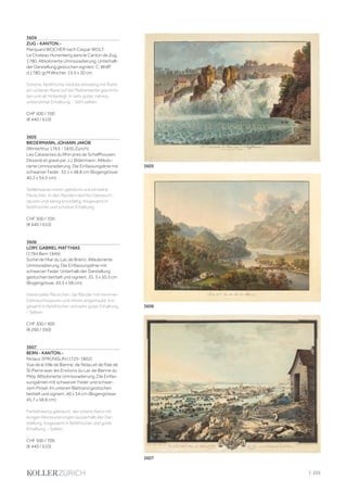 3604
ZUG - KANTON.-
Marquard WOCHER nach Caspar WOLF.
Le Chateau Hunenberg dans le Canton de Zug,
1780. Altkolorierte Umrissradierung. Unterhalb
der Darstellung gestochen signiert: C. Wolff
d.1780; gr.M.Wocher. 19,5 x 30 cm.
Schöne, farbfrische Vedute dreiseitig mit Rand,
am unteren Rand auf die Plattenkante geschnit-
ten und alt hinterlegt. In sehr guter, nahezu
unberührter Erhaltung. - Sehr selten.
CHF 500 / 700
(€ 440 / 610)
3605
BIEDERMANN, JOHANN JAKOB
(Winterthur 1763 - 1830 Zürich)
Les Cataractes du Rhin pres de Schaffhousen.
Dessiné et gravé par J.J. Bidermann. Altkolo-
rierte Umrissradierung. Die Einfassungslinie mit
schwarzer Feder. 32,1 x 48,8 cm (Bogengrösse:
40,2 x 54,5 cm).
Stellenweise minim gebräunt und einzelne
Fleckchen. In den Rändern leichte Gebrauch-
spuren und wenig knickfaltig. Insgesamt in
farbfrischer und schöner Erhaltung.
CHF 500 / 700
(€ 440 / 610)
3606
LORY, GABRIEL MATTHIAS
(1784 Bern 1846)
Sortie de l'Aar du Lac de Brienz. Altkolorierte
Umrissradierung. Die Einfassungslinie mit
schwarzer Feder. Unterhalb der Darstellung
gestochen betitelt und signiert. 35, 3 x 50,3 cm
(Bogengrösse: 43,5 x 58 cm).
Vereinzelte Fleckchen, die Ränder mit minimen
Gebrauchsspuren und minim angestaubt. Ins-
gesamt in farbfrischer und sehr guter Erhaltung.
- Selten.
CHF 300 / 400
(€ 260 / 350)
3607
BERN - KANTON.-
Niclaus SPRÜNGLIN (1725-1802).
Vue de la Ville de Bienne, de Nidau et de l'Isle de
St.Pierre avec les Environs du Lac de Bienne du
Midy. Altkolorierte Umrissradierung. Die Einfas-
sungslinien mit schwarzer Feder und schwar-
zem Pinsel. Im unteren Blattrand gestochen
betitelt und signiert. 40 x 54 cm (Bogengrösse:
45,7 x 58,8 cm).
Partiell wenig gebräunt, der untere Rand mit
einigen Restaurierungen ausserhalb der Dar-
stellung. Insgesamt in farbfrischer und guter
Erhaltung. - Selten.
CHF 500 / 700
(€ 440 / 610)
3605
3606
3607
| 225
 