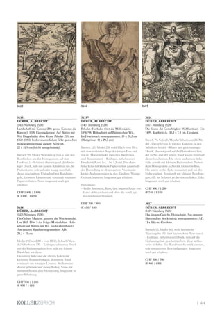 3613
DÜRER, ALBRECHT
(1471 Nürnberg 1528)
Landschaft mit Kanone (Die grosse Kanone; die
Kanone), 1518. Eisenradierung. Auf Bütten mit
Wz. Doppeladler ohne Krone (Meder 219, um
1560-1580). In der oberen linken Ecke gestochen
monogrammiert und datiert: AD 1518.
22 x 31,9 cm (leicht unregelmässig).
Bartsch 99; Meder 96 wohl e-g (von g, mit den
Rostflecken um das Monogramm, auf dem
Dach etc.). - Schöner, überwiegend gleichmäs-
siger Druck, teils mit feinem Rändchen um die
Plattenkante, teils auf oder knapp innerhalb
dieser geschnitten. Umlaufend mit Randmän-
geln, kleineren Läsuren und vereinzelt minimen
Papierverlusten. Sonst insgesamt noch gut
erhalten.
CHF 1 400 / 1 800
(€ 1 300 / 1 670)
3614
DÜRER, ALBRECHT
(1471 Nürnberg 1528)
Die Geburt Mariens, genannt die Wochenstube.
Um 1503. Blatt 5 der Folge: Marienleben. Holz-
schnitt auf Bütten mit Wz. (nicht identifiziert).
Am unteren Rand monogrammiert: AD.
29,3 x 21 cm.
Meder 192 wohl III c (von III h); Schoch/Men-
de/Scherbaum 170. - Kräftiger, schwarzer Druck
mit der Einfassungslinie bzw. teils mit feinem
Rändchen um diese.
Die untere linke und die oberen Ecken mit
kleineren Restaurierungen, der untere Rand
vereinzelt mit winzigen Läsuren. Stellenweise
dezent gebräunt und wenig fleckig. Verso mit
minimen Resten alter Montierung. Insgesamt in
guter Erhaltung.
CHF 900 / 1 200
(€ 830 / 1 110)
3615*
DÜRER, ALBRECHT
(1471 Nürnberg 1528)
Erkules (Herkules tötet die Molioniden).
1496/98. Holzschnitt auf Bütten ohne Wz..
Im Druckstock monogrammiert. 39 x 28,5 cm
(Blattgrösse: 41 x 29,7 cm).
Bartsch 127; Meder 238 wohl IIIa/b (von III c,
mit dem verletzten Auge der jungen Frau und
vor der Horizontlücke zwischen Bäumchen
und Baumstamm). - Kräftiger, tiefschwarzer
Druck mit Rand (ca. 1 bis 1,5 cm). Die obere
linke Ecke mit kleinem Papierverlust ausserhalb
der Darstellung ist alt restauriert. Vereinzelte
kleine Ausbesserungen in den Rändern. Wenige
Gebrauchsspuren. Insgesamt gut erhalten.
Provenienz:
- Attilio Simonetti, Rom, (mit brauner Feder von
Hand alt bezeichnet und ohne die von Lugt
beschriebenen Stempel).
CHF 700 / 900
(€ 650 / 830)
3616
DÜRER, ALBRECHT
(1471 Nürnberg 1528)
Die Sonne der Gerechtigkeit (Sol Iustitiae). Um
1499. Kupferstich. 10,5 x 7,4 cm. Gerahmt.
Barsch 79; Schoch/Mende/Scherbaum 23; Me-
der 71 wohl b (von d, vor den Kratzern zu den
Schultern herab). - Klarer und gleichmässiger
Druck, überwiegend auf die Plattenkante bzw.
der rechte und der untere Rand knapp innerhalb
dieser beschnitten. Die obere und untere linke
Ecke jeweils mit kleinem Papierverlust. Neben
dem Monogramm rechts mit kleinerem Riss.
Die untere rechte Ecke restauriert und mit der
Feder ergänzt. Vereinzelt mit kleinere Bereibun-
gen, z.B. im Schwert an der oberen linken Ecke.
Insgesamt noch gut erhalten.
CHF 800 / 1 200
(€ 740 / 1 110)
3617
DÜRER, ALBRECHT
(1471 Nürnberg 1528)
Das jüngste Gericht. Holzschnitt. Am unteren
Blattrand im Stock mittig monogrammiert: AD.
13 x 9,6 cm. Gerahmt.
Bartsch 52; Meder 161, wohl lateinische
Textausgabe 1511 (mit lateinischem Text verso).
- Kräftiger, tiefschwarzer Druck, teils auf die
Einfassungslinie geschnitten bzw. diese stellen-
weise sichtbar. Die Randbereiche mit kleineren,
teils restaurierten Beschädigungen. Insgesamt
noch gut erhalten.
CHF 500 / 700
(€ 460 / 650)
3615 3616 3617
| 221
 