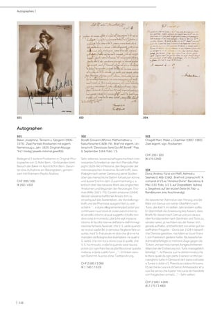 | 132
Autographen
501
Baker, Joséphine, Tänzerin u. Sängerin (1906-
1975). Zwei Portrait-Postkarten mit eigenh.
Namenszug u. Jahr: 1929. Original-Abzüge
"Iris"-Verlag (jeweils minimal gewölbt).
Beiliegend 3 weitere Postkarten in Original-Pho-
tographie von O. Rohr, Bern. - Entstanden beim
Besuch der Baker im April 1929 in Bern. Darun-
ter eine Aufnahme am Bärengraben, gemein-
sam mit Ehemann Pepito Abatino.
CHF 300 / 500
(€ 260 / 430)
502
Borelli, Giovanni Alfonso, Mathematiker u.
Naturforscher (1608-79). Brief mit eigenh. Un-
terschrift "Devotissio Sere Gio Alf. Borelli". Pisa,
6. September 1664. Folio. 1 S.
Sehr seltenes, wissenschaftsgeschichtlich inte-
ressantes Schreiben an den Arzt Marcello Mal-
pighi (1628-94) in Messina, den Begründer der
mikroskopischen Anatomie. Borelli hofft, dass
Malpighi nach seiner Genesung seine Studien
über das menschliche Gehirn fortsetzen könne,
und äussert sich in dem Zusammenhang u. a.
kritisch über das neueste Werk des englischen
Anatomen und Begünder der Neurologie, Tho-
mas Willis (1621-75), Cerebri anatome (1664),
dessen wissenschaftlicher Ansatz ihm zu
einseitig auf das Seelenleben, die Vorstellungs-
kraft und die Phantasie ausgerichtet zu sein
scheint. "... e stare allegramente p[er] poter poi
continuare i suoi studi et osservazioni intorno
al cervello, intorno al qual suggetto il Vuillis non
dice cosa di momento, p[er]che egli impazza
intorno le facultà interne dell’anima dell’immagi-
nazione fantasia fauende, che V. S. uede quando
se ne può sap[er]le, io pensauo fargliene fare un
sunto, ma il Sr. Fracassati mi dice che gli e ne ha
mandato da Bologna due esemplare, ne quali V.
S. vedrà, che non toca niùna cosa di quelle, che
V. S. ha ritrouato, e p[er]ò quando sarà riauuta
potrà con ogni franchezza p[er]fezzionar questa
materia, e darla subito fuori ..." - Im linken weis-
sen Rand mit Ausriss ohne Textberührung.
CHF 2 000 / 3 000
(€ 1 740 / 2 610)
503
Chagall, Marc, Maler u. Graphiker (1887-1985).
Zwei eigenh. sign. Postkarten.
CHF 200 / 300
(€ 170 / 260)
504
Doria, Andrea, Fürst von Melfi, Admiral u.
Seeheld (1466-1560). Brief mit Unterschrift "A
comandi di V.S.ie / Amdrea Doria". Barcelona, 8.
Mai 1535. Folio. 1/2 S. auf Doppelblatt. Adress
u. Siegelrest auf der letzten Seite (kl. Falz- u.
Randläsuren, etw. feuchtrandig).
Als kaiserlicher Admiral an den Herzog und die
Räte von Genua von seiner Überfahrt nach
Tunis, das Karl V. im selben Jahr erobern sollte.
Er übermittelt die Anweisung des Kaisers, dass
Briefe für diesen nach Genua und von da aus
über Korsika weiter nach Sardinien und Tunis zu
senden seien, je nachdem wo der Kaiser sich
gerade aufhalte, und befördert von einer gut be-
waffneten Fregatte. - Doria war 1528 in kaiserli-
che Dienste getreten, nachdem er zuvor Franz
I. von Frankreich gedient hatte. Als kaiserlicher
Admiral befehligte er mehrere Züge gegen die
Türken und war trotz seines fortgeschrittenen
Alters bei der Eroberung von Tunis massgeblich
beteiligt. "... la Maesta sua ha detterminato che
le litere qualè da ogni parte li serano scritto pe-
ruenghino tutte in Genoa et de li siano indrizate
a Tunesi o dobe a S. Maesta accadera ritrouarsi.
Et perche la cura si e dil Senor Ambassador et a
sua Sia servio che il parer mio saria de manderle
con fregata ben armato ..." - Sehr selten.
CHF 2 500 / 4 000
(€ 2 170 / 3 480)
Autographen |
501 502 504
 