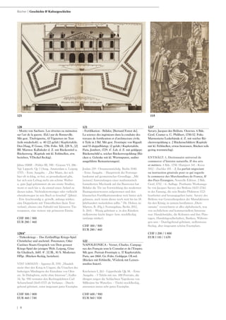 | 8
120
- Moritz von Sachsen. Les rêveries ou mémoires
sur l‘art de la guerre. (Ed.) par de Bonneville.
Mit gest. Titelvignette, 43 Vignetten im Text
(teils wiederholt). u. 40 (22 gefalt.) Kupfertafeln.
Den Haag, P. Gosse, 1756. Folio. XII, 228 S., [2]
Bll. Marmor. Kalbsleder d. Z. mit Rückentitel u.
Rückenverg. (Kapitale mit kl. Fehlstellen, etw.
berieben, VDeckel fleckig).
Jähns 1500ff. - Pohler III, 590 - Graesse VI, 286 -
Vgl. Lipperh. Qc 7 (Ausg. Amsterdam u. Leipzig
1757). - Erste Ausgabe. - „Der Mann, der sich
hier oft so klug, so frei, so grossdenkend gibt,
hat sich sein Lebtag mehr um schöne Weiber
u. gute Jagd gekümmert als um ernste Studien,
wenn er auch hie u. da einmal einen Anlauf zu
diesen nahm. Nichtsdestoweniger oder vielleicht
ebendeswegen ist sein Buch so fesselnd“ (Jähns).
- Etw. feuchtrandig u. gewellt, anfangs stärker;
eine Doppelseite mit Tintenflecken (kein Text-
verlust), ebenso eine Falttafel mit kleineren Tin-
tenspuren, eine weitere mit grösserem Einriss.
CHF 300 / 500
EUR 280 / 460
120A*
- Türkenkriege - Das Zeitläufftige Kriegs-Spiel
Christlicher und unchristl. Potentaten; Oder
Curiöses Staats-Gespräch von Dem grossen
Kriegs-Spiel der jetzigen Welt. Leipzig, Göze
für Gleditsch, 1685. 8°. [1] Bl., 81 S. Modernes
HPgt. (Rücken fleckig, berieben).
VD17 3:003421N - Apponyi II, 1191: „Handelt
meist über den Krieg in Ungarn, die Ursachen des
bisherigen Misslingens der Einnahme von Ofen
etc. In Dialogform, nicht ohne Interesse“; Zedler
34, Sp. 950 vermutet den Rechtsgelehrten Carl
Scharschmid (1645-1717) als Verfasser. - Durch-
gehend gebräunt, sonst insgesamt gutes Exemplar.
CHF 500 / 800
EUR 460 / 740
121
- Fortifikation - Bélidor, [Bernard Forest de].
La science des ingénieurs dans la conduite des
travaux de fortification et d‘architecture civile.
6 Teile in 1 Bd. Mit gest. Frontispiz von Rigault
und 53 doppelblattgr. (2 gefalt.) Kupfertafeln.
Paris, Jombert, 1729. 4°. Ldr. d. Z. mit goldgepr.
Rückenschild u. reicher Rückenvergoldung (Rü-
cken u. Gelenke mit kl. Wurmspuren, sauber
ausgeführte Restaurierungen).
Jordan 219 - Ornamentstichslg. Berlin 3540.
- Erste Ausgabe. - Hauptwerk der Festungs-
baukunst auf geometrischer Grundlage. „Mit
[seinen] Anwendungen einer mathematisch
formulierten Mechanik auf das Bauwesen hat
Bélidor die Tür zur Entwicklung des modernen
Bauingenieurwesens aufgestossen und den
klassischen Fortifikationstraktat weit hinter sich
gelassen, auch wenn dieser noch weit bis ins 18.
Jahrhundert weiterleben sollte.“ (St. Holzer, in:
Marten, B. (Hg.): Festungsbau, Berlin 2012,
S. 264). - Wenig gebräunt u. in den Rändern
stellenweise leicht finger- bzw. stockfleckig
(anfangs stärker).
CHF 300 / 500
EUR 280 / 460
122
NAPOLEONICA - Vernet, Charles. Campag-
nes des Français sous le Consulat et de l‘Empire.
Mit gest. Portrait-Frontispiz u. 57 Kupfertafeln.
Paris, um 1860. Gr.-Folio. Goldgepr. OLwd.
(Rücken mit Fehlstelle, VGelenk mit Leinen-
streifen fixiert).
Kircheisen I, 263 - Lipperheide Qk 58. - Erste
Ausgabe. - 5 Tafeln mit zus. 100 Portraits, die
übrigen zeigen die Schlachten Napoleons von
Millesimo bis Waterloo. - Titelei stockfleckig,
ansonsten innen sehr gutes Exemplar.
CHF 600 / 900
EUR 560 / 830
123*
Savary, Jacques des Brûlons. Oeuvres. 6 Bde.
Genf, Cramer u. C. Philibert, 1750-52. Folio.
Marmorierte Lederbände d. Z. mit reicher Rü-
ckenvergoldung u. 2 Rückenschildern (Kapitale
mit kl. Fehlstellen, etwas bestossen, Rücken teils
gering wurmstichig).
ENTHÄLT: 1. Dictionnaire universel de
commerce: d‘histoire naturelle, & des arts
et métiers. 4 Bde. 1750. Humpert 341 - Kress
5812 - Zischka 185. - 2. Le parfait négociant
ou instruction générale pour ce qui regarde
le commerce des Marchandises de France, &
des Pays Étrangers. Nouvelle Édition. 2 Bde.
Genf, 1752. - 6. Auflage. Posthume Werkausga-
be von Jacques Savary des Brûlons (1657-1716)
in der Fassung, die sein Bruder Philémon 1723
bearbeitet und herausgegeben hatte. Savary des
Brûlons war Generalinspektor der Manufakturen
für den König; in seinem berühmten „Dicti-
onnaire“ verzeichnete er alles alphabetisch, was
von rechtlichem und kommerziellem Interesse
war: Handelsstädte, die Kolonien und ihre Plan-
tagen, Handelsgesellschaften, Banken, Währun-
gen usw. - Durchgehend gebräunt, stellenweise
fleckig, aber insgesamt schöne Exemplare.
CHF 1 200 / 1 800
EUR 1 110 / 1 670
Bücher | Geschichte & Kulturgeschichte
115121
 