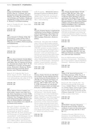 | 16
142*
Lessing, Gotthold Ephraim. Sämmtliche
Schriften. Hrsg. K. v. Lachmann. Auf‘s neue
durchgesehen und vermehrt von Wendelin v.
Maltzahn. 12 in 13 Bdn. Mit Stahlstich-Portrait
von Carl Schuler nach Tischbein, 1 Tabelle und
1 Musikbeilage. Leipzig, Göschen, 1853-57. Gr.-
8°. HLeder d. Z. mit Rückenvergoldung.
Seifert 11 - Goedeke IV/1 345. - Zweite Aufla-
ge.. – Etwas stockfleckig.
CHF 200 / 300
EUR 190 / 280
143*
Lytton, Edward G. B. [Works]. 38 Bde. Mit
29 Frontispizen. London und New York, G.
Routledge, 1873-77. 8°. Etwas späterer grüner
HMaroquin mit Goldfileten, Rückenvergoldung
und Kopfgoldschnitt.
Schöne Werkausgabe von Lord Lytton (1803-
1873).
CHF 600 / 900
EUR 560 / 830
144
Mirabeau, Honoré Gabriel de. Errotika Biblion.
Rome, 1783. [Mirabeau, Honoré Gabriel de]. Er-
rotika Biblion. Rom, de l‘imprimerie du Vatican
[d. i. Neuchâtel, Jonas Fauch], 1783. 8°. IV, 192
S. Kalbsleder d. Z. mit Steh- und Aussenkan-
tenverg., Rückentitel u. Rückenverg. (Rücken
berieben und gering wurmstichig, Kanten
bestossen, innere VGelenke aufgeplatzt).
Barbier II, 172 - Caillet III, 7586 - Gay II,
150-155 - Hayn/G. IV, 549 f. - Weller II, 220. -
Vorsatz mit Wurmlöchern, durchgehend gering
stock- und braunfleckig, teilw. stärker (S. 25, 75),
vereinzelte Seiten mit Feuchtfleck am Rand.
CHF 200 / 300
EUR 190 / 280
145*
Musset, Alfred de. Oeuvres complètes, avec
lettres inédites, variantes, notes, index, fac-si-
mile. Notice biographique par son frère. 10 Bde.
Mit 29 Stahlstichtafeln (darunter 1 Portrait) und
1 Faksimile. Paris, Charpentier, 1865-66. Gr.-8°.
Leicht späterer brauner HMaroquin mit je zwei
reich verg. Rückenschildchen und Kopfgold-
schnitt (von Guzin; Rücken etwas aufgehellt, an
den Rändern leicht berieben).
Brivois 297 – Vicaire V, 1274-1293 – Sander
515 – Thieme/B. IV, 1. - „Exemplaire No.
67 imprimé pour M. E. Daguin“. - Schöne
Vorzugsausgabe der Werke von Alfred de
Musset (1810-1857). Die Tafeln auf Chinapapier
nach Zeichnungen von Alexandre Bida sind
„avantgardistisch“, mit lila Schutzpapier, das den
relevanten Text trägt. Das dicke Chinapapier,
wunderschön erhalten, ist von „Blanchet et
frères et Kléber de Rives“. Die Liste der Subs-
kribienten, angeführt vom Baron de Rothschild,
ist Bd. IX angefügt. – BEIGELEGT: Illustra-
tions pour les oeuvres de Alfred de Musset.
Aquarelles par Eugène Lami, eaux fortes par
Adolphe Lalauze. 122 Stiche mit Remarken, 1
Faksimile-Brief von Alexandre Dumas. Paris,
1883. 4°. Gleiche Bindung.
CHF 1 400 / 2 000
EUR 1 300 / 1 850
146
Nietzsche, Friedrich. Beiträge zur Quellenkunde
und Kritik des Laertius Diogenes. Gratulations-
schrift des Pædagogiums zu Basel. Basel, Carl
Schultze, 1870. 4°. [2] Bll., 36, 7 S. HLdr. um
1900 mit goldgepr. Rückentitel u. Rückenver-
goldung.
Schaberg 18. - Sehr seltene frühe Veröffentli-
chung, wohl nur in 100 Exemplaren gedruckt.
Erschien anlässlich der Feier der fünfzigjährigen
Lehrtätigkeit von Franz Dorotheus Gerlach
(1793-1876), gewidmet von seinen Amtsgenos-
sen. Am Schluss mit der „Berichterstattung […]
über den im Schuljahr 1869 und 1870 erteilten
Unterricht“, in dem auch die Berufung von
Nietzsche aus Leipzig nach Basel 1869 erwähnt
wird. Nietzsche trat als Griechischdozent die
Nachfolge des ans Hamburger Johanneum be-
rufenen Adolf Kiesling an und unterrichtete die
3. Klasse an 6 Wochenstunden. - Durchgehend
schwache vertikale Knickfalte, stellenweise
leicht stockfleckig, Titel mit kl. Stempelrest.
CHF 2 000 / 3 000
EUR 1 850 / 2 780
147*
Owenson, Sydney. Glorwina das wilde Maed-
chen in Irrland. Aus dem englischen übersetzt
von dem Verfasser des Romans Heliodora. 3 in
1 Bd. Mit 1 gest. Frontispiz nach Schnorr von
Carolsfeld u. 1 gest. Titel. Leipzig, W. Rein
& Comp., 1809. 8° XXIV, 142 S.; 156 S.; 202
S., [1] Bl. Contemporary tree calf, gilt spine
with#br# red and green labels and a blank num-
bering piece, marbled endpapers, red edges
Goed. VI, 386, 23 (Lindau) und VII, 728,
442 (Owenson). - Erste deutsche Ausgabe
des Erfolgsromans der irischen Schriftstellerin
Sydney Owenson, besser bekannt als Lady
Morgan (1789-1859), in einer Übersetzung durch
Wilhelm Adolf Lindau. „Long before Trilby
hats and Harry Potter toothbrushes, Owenson
mastered the art of the commercial spinoff as
Glorvina bodkins and mantles became all the
rage for upperclass Anglo-Irish women keen to
emulate the Celtic chic embodied by Owenson’s
character“ (J. Donovan, Sydney Owenson,
Lady Morgan and the politics of style, 2009, p.
3). - Schönes und sauberes Exemplar.
CHF 450 / 700
EUR 420 / 650
148
Tasso, Torquato. Jérusalem délivrée. Nouvelle
traduction. 2 Bde. Mit 2 gest. Titeln, 2 gest.
Frontisp., 20 Kupfertafeln u. 42 gest. Vignetten
von Bacquoy, Duclos, Henriquez, Le Roy u.a.
nach Gravelot. Paris, Musier, 1774. 8°. Vortitel,
VIII, 341 S.; Vortitel, V, 328 S., [2] Bll. Dunkelrote
Maroquin-Einbände d. Z. mit je 2 grünen Rücken-
schildchen, reicher floraler Rückenvergoldung,
dreifachen Deckelfileten, Steh- u. Innenkanten-
vergoldung sowie dreiseit. Goldschnitt.
Cohen/ R. 975-976 - Sander 1890. - Erste Ausga-
be der Übersetzung von Charles-François Lebrun
(1739-1824) mit den Kupfern nach Gravelot, die
erstmals in der italienischen Ausgabe von 1771 Ver-
wendung fanden. - Stellenweise leicht fingerspurig
bzw. gebräunt.
CHF 500 / 800
EUR 460 / 740
149*
Tennyson, Alfred Life and Works. 12 Bde.
Mit 12 Frontispizen, 4 Tafeln und 1 Faksimile.
London, Macmillland, 1898-99. 8°. Etw. spät.
HMaroquin-Einbände mit goldgepr. Rückenti-
teln u. Jahreszahl (sign. Zaehnsdorf).
Eines von 1050 Exemplaren einer der Queen
gewidmeten Vorzugsausgabe. - Prächtig gebun-
den von dem berühmten englischen Buchbinder
Zaehnsdorf. - Stellenweise leicht stockfleckig.
CHF 400 / 600
EUR 370 / 560
150*
Voltaire, F.-M. Arouet de [Oeuvres choi-
sies]. Édition stéréotype. 21 Bde. Paris, A.-A.
Renouard, 1806-16. 8°. Späterer roter Maroquin
mit goldgepr. Rückentitel und doppelten Goldfi-
leten (Rücken etwas aufgehellt).
Bengesco IV, 2184 - Cohen/R. 1047. - Von
Renouard zusammengestellte Werkausgabe
Voltaires. Enthält: Théatre, 9 Bde; Romans, 2
Bde; Poèmes; Epîtres, stances et odes; Contes
en vers, satires; Siècle de Louis XIV, 2 Bde;
Louis XV; Pierre le Grand; Henriad; Pucelle
d‘Orléans; Charles XII. - Provenienz: Mit gest.
Exlibris von James Arthur Taylor
CHF 400 / 600
EUR 370 / 560
151
ZEITUNGEN - Renaudot, Théophraste.
Recueil des gazettes nouvelles, relations ext-
raordinaires, et autres recits des choses avenues
toute l‘année 1641. Paris, 1642. Kl.-4°. 974 S.
Pgt. d. Z.
Théophraste Renaudot (1586-1653) war ein
französischer Arzt und Philanthrop. Er gilt als
Begründer des modernen Journalismus und gab
seit 1631 die Gazette heraus.
CHF 200 / 300
EUR 190 / 280
Bücher | Literatur des 17. - 19. Jahrhunderts
 