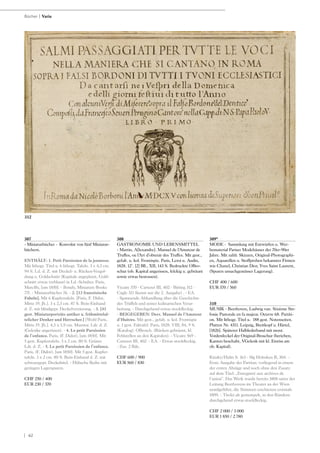 | 62
307
- Miniaturbücher - Konvolut von fünf Miniatur-
büchern.
ENTHÄLT: 1. Petit Paroissien de la jeunesse.
Mit lithogr. Titel u. 6 lithogr. Tafeln. 3 x 4,3 cm.
94 S. Ld. d. Z. mit Deckel- u. Rücken-Vergol-
dung u. Goldschnitt (Kapitale angeplatzt, Gold-
schnitt etwas verblasst) in Ld.-Schuber. Paris,
Marcilly, [um 1850]. - Bondy, Miniature Books
77f. - Miniaturbücher 76. - 2. [13 französische
Fabeln]. Mit 6 Kupfertafeln. [Paris, F. Didot,
Mitte 19. Jh.]. 3 x 2,3 cm. 87 S. Bein-Einband
d. Z. mit blindgepr. Deckelverzierung. - 3. [41
gest. Miniaturporträts antiker u. frühmittelal-
telicher Denker und Herrscher.] [Wohl Paris,
Mitte 19. Jh.]. 4,5 x 3,9 cm. Marmor. Ldr. d. Z.
(Gelenke angerissen). - 4. Le petit Paroissien
de l’enfance. Paris, (F. Didot), [um 1850]. Mit
5 gest. Kupfertafeln. 3 x 2 cm. 80 S. Grüner
Ldr. d. Z. - 5. Le petit Paroissien de l’enfance.
Paris, (F. Didot), [um 1850]. Mit 5 gest. Kupfer-
tafeln. 3 x 2 cm. 80 S. Bein-Einband d. Z. mit
schwarzgepr. Deckeltitel. - Hübsche Reihe mit
geringen Lagerspuren.
CHF 250 / 400
EUR 230 / 370
308
GASTRONOMIE UND LEBENSMITTEL
- Martin, A[lexandre]. Manuel de l‘Amateur de
Truffes, ou l‘Art d‘obtenir des Truffes. Mit gest.,
gefalt. u. kol. Frontispiz. Paris, Leroi u. Audin,
1828. 12°. [2] Bll., XII, 143 S. Bedruckte OBro-
schur (ob. Kapital angerissen, felckig u. gebräunt
sowie etwas bestossen).
Vicaire 570 - Carteret III, 402 - Bitting 312 -
Cagle 311 (kennt nur die 2. Ausgabe) . - EA.
- Spannende Abhandlung über die Geschichte
des Trüffels und seiner kulinarischen Verar-
beitung. - Durchgehend etwas stockfleckig.
- BEIGEGEBEN: Ders. Manuel de l‘Amateur
d‘Huitres. Mit gest., gefalt. u. kol. Frontispiz
u. 1 gest. Falttafel. Paris, 1828. VIII, 84, 9 S.
(Katalog). OBrosch. (Rücken gebräunt, kl.
Fehlstellen an den Kapitalen). - Vicaire 569 -
Carteret III, 402. - EA. - Etwas stockfleckig.
- Zus. 2 Bde.
CHF 600 / 900
EUR 560 / 830
309*
MODE - Sammlung mit Entwürfen u. Wer-
bematerial Pariser Modehäuser der 70er-90er
Jahre. Mit zahlr. Skizzen, Original-Photographi-
en, Aquarellen u. Stoffproben bekannter Firmen
wie Chanel, Christian Dior, Yves Saint Laurent,
(Spuren unsachgemässer Lagerung).
CHF 400 / 600
EUR 370 / 560
310
MUSIK - Beethoven, Ludwig van. Sixième Sin-
fonie Pastorale en fa majeur. Oeuvre 68. Partiti-
on. Mit lithogr. Titel u. 188 gest. Notenseiten.
Platten Nr. 4311. Leipzig, Breitkopf u. Härtel,
[1826]. Späterer Halblederband mit mont.
Vorderdeckel der Original-Broschur (berieben,
Kanten beschabt, VGelenk mit kl. Einriss am
ob. Kapital).
Kinsky/Halm S. 163 - Slg Hoboken II, 304. -
Erste Ausgabe der Partitur, vorliegend in einem
der ersten Abzüge und noch ohne den Zusatz
auf dem Titel: „Enregistré aux archives de
l‘union“. Das Werk wurde bereits 1808 unter der
Leitung Beethovens im Theater an der Wien
uraufgeführt, die Stimmen erschienen erstmals
1809. - Titelei alt gestempelt, in den Rändern
durchgehend etwas stockfleckig.
CHF 2 000 / 3 000
EUR 1 850 / 2 780
Bücher | Varia
312
 