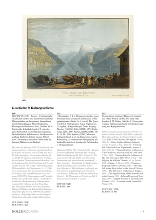 | 5
110*
DEUTSCHLAND - Bayern - Churbaierische
Gesellschaft sittlich- und Landwirthschaftlicher
Wissenschaften zu Burghausen. Sammelband
mit 22 Abhandlungen. Meist Burghausen,
Klatzinger und München, Fritz, 1769-80. Kl.-4°.
Prachtvoller Kalblslederband d. Z. mit gold-
gepr. Rückentitel, reicher Rückenvergoldung,
Deckelbordüren, Eckfleurons u. Stehkantenver-
goldung. Beide Deckel mit marmor. Mittel-
stück. Dreiseitiger, punzierter Goldschnitt (hs.
Signatur-Märkchen am Rücken).
Die ersten 18 Beiträge (1769-77) erschienen zum
Namenstag bzw. Geburtstag von Kurfürst Max
III. Joseph, die letzten vier (1777-80) sind Karl
Theodor gewidmet. Die einzelnen Drucke (je
ca. 20-80 S.) umfassen teils mehrere Vorträge,
die ein breites Themenspektrum behandeln, von
der Landwirtschaft über Erziehung und Verwal-
tung bis hin zur Philosophie. Dem beiliegenden
Widmungsbrief, dat. Burghausen, 31. 11. 1780,
ist zu entnehmen, dass die Zusammenstellung
im Auftrag von Leopold Freiherrn von Hart-
mann (1734-1791), Regierungsrat und Vizepräsi-
denten der Gesellschaft sittlich - und landwirt-
schaftlicher Wissenschaften zu Burghausen,
entstand. Die Adresse auf dem Umschlag
gibt Aufschluss darüber, dass die Zueignung
Pfalzgraf Wilhelm von Birkenfeld-Gelnhausen
(1752-1837) gilt, der von 1780-99 in Landshut
residierte. - Prächtiger Band mit dreiseitigem
Goldschnitt und meist intakten Blattweisern.
CHF 1 600 / 2 400
EUR 1 480 / 2 220
111*
- Westphalen, E. J. v. Monumenta inedita rerum
Germanicarum praecipue Cimbricarum, et Me-
galopolensium. Bände 2 u. 3 (von 4). Mit 2 gest.
(wiederh.) Titelvignetten, 4 gest. Vignetten u.
71 (1 gefalt., 4 doppelblattgr.) Tafeln. Leipzig,
Martini, 1740-1743. Folio. [2] Bll., 82 S. (Einlei-
tung), [1] Bl., 2484 Spalten, [2] Bll.; [1] Bl., 146
S., [4] Bll., 2240 Spalten, [3] Bll. Dekorative
Kalbslederbände d. Z. mit Rückentitel, reicher
Rückenverg. u. ornamentaler Blindprägung auf
beiden Deckeln (etw. berieben, kl. Schabstellen
u. Bezugsschäden).
Dahlmann/Waitz 947 - Potthast I, 146 - Katalog
Commerzbibliothek Hamburg 842 - Katalog
Bibliothek Reichstag III, 265 - Wegele, S. 576:
„eine durch Fülle des Inhalts und Pracht der
Ausstattung sich auszeichnende Sammlung“. -
Erste Ausgabe. - Einzelbände der bedeutenden
Quellensammlung zur Geschichte Schles-
wig-Holsteins u. Mecklenburgs, vorliegend mit
den schönen, doppelblattgrossen Ansichten
von Rostock, Schleswig, Schwerin und Schloss
Gottorf. - Kl. Wurmspur auf Titelei von Bd. 2,
ansonsten wohlerhalten u. sauber.
CHF 400 / 600
EUR 370 / 560
112*
Froude, James Anthony. [History of England
and Other Works]. 32 Bde. Mit zahlr. Abb.
London, J. W. Parker, 1856-96. 8°. Etwas späte-
re grüne Halbmaroquinbände mit Rückenvergol-
dung und Kopfgoldschnitt.
Schöne Ausgabe der gesammelten Werke von
James Anthony Froude (1818-1894), englischer
Historiker und einer der besten Stilisten seiner
Zeit. ENTHÄLT: History of England. 12 Bde.,
1856-70. - Short Studies of Great Subjects.
Zweite Ausgabe, 4 Bde., 1867-83. - The Eng-
lish in Ireland in the Eighteenth Century. 3
Bde., 1872-74. - Thomas Carlyle. A History of
The First Forty Years of His Life 1795-1835.
2 Bde., 1882. - Thomas Carlyle. A History of
His Life in London 1834-1818 , 2 Bde. - The
Pilgrim, by William Thomas, ed. by Froude,
1861. - Caesar. A Sketch, 1879. - Oceana or
England and her Colonies, 1886. - The Eng-
lish in the West Indies or the Bow of Ulysses,
1888. - The Divorce of Catherine of Aragon,
1891. - The Spanish Story of the Armada and
other Essays, 1892. - Life and Letters of Eras-
mus, 1894. - English Seamen in the Sixteenth
Century, 1895. - Lectures on the Council of
Trent, 1896.
CHF 1 000 / 1 500
EUR 930 / 1 390
Geschichte & Kulturgeschichte
109
 