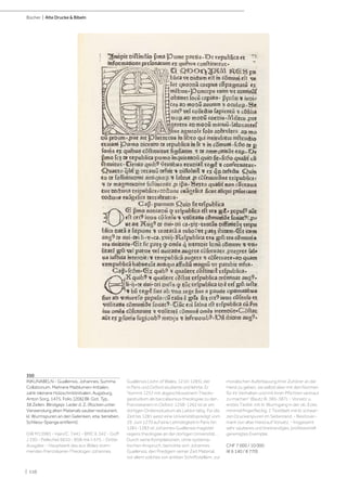 | 110
Bücher | Alte Drucke & Bibeln
350
INKUNABELN - Guallensis, Johannes. Summa
Collationum. Mehrere Maiblumen-Initialen,
zahlr. kleinere Holzschnittinitialen. Augsburg,
Anton Sorg, 1475. Folio. [206] Bll. Got. Typ.,
38 Zeilen. Blindgepr. Leder d. Z. (Rücken unter
Verwendung alten Materials sauber restauriert,
kl. Wurmspuren an den Gelenken, etw. berieben,
Schliess-Spange entfernt).
GW M13983 - Hain/C. 7441 - BMC II, 342 - Goff
J 330 - Pellechet 6610 - BSB-Ink I-575. - Dritte
Ausgabe. - Hauptwerk des aus Wales stam-
menden Franziskaner-Theologen Johannes
Guallensis (John of Wales, 1210-1285), der
in Paris und Oxford studierte und lehrte. Er
"kommt 1257 mit abgeschlossenem Theolo-
giestudium als baccalaureus theologiae zu den
Franziskanern in Oxford. 1258-1262 ist er am
dortigen Ordensstudium als Lektor tätig. Für die
Zeit bis 1281 weist eine Universitätspredigt vom
29. Juni 1270 auf eine Lehrtätigkeit in Paris hin.
1281-1283 ist Johannes Guallensis magister
regens theologiae an der dortigen Universität...
Durch seine Kompilationen, ohne systema-
tischen Anspruch, bemühte sich Johannes
Guallensis, den Predigern seiner Zeit Material,
vor allem solches von antiken Schriftstellern, zur
moralischen Auferbauung ihrer Zuhörer an die
Hand zu geben, sie selbst aber mit den Normen
für ihr Verhalten und mit ihren Pflichten vertraut
zu machen" (Bautz III, 385-387). - Vorsatz u.
erstes Textbl. mit kl. Wurmgang in der ob. Ecke,
minimal fingerfleckig, 1 Textblatt mit kl. schwar-
zen Druckerspuren im Seitenrand. - Besitzver-
merk von alter Hand auf Vorsatz. - Insgesamt
sehr sauberes und breitrandiges, professionell
gereinigtes Exemplar.
CHF 7 000 / 10 000
(€ 6 140 / 8 770)
 