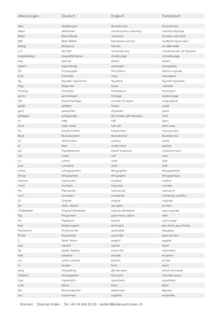 Kontakt · Stephan Koller · Tel. +41 44 445 63 20 · skoller@kollerauktionen.ch
Abkürzungen Deutsch Englisch Französisch
Abb. Abbildungen illustration(s) illustration(s)
altkol. altkoloriert contemporary colouring colorié à l‘époque
Bd(e). Band, Bände volume(s) tome(s), volume(s)
Bl(l). Blatt, Blätter leaf, leaves; print(s) feuillet(s); épreuve(s)
blattgr. blattgross full size en taille réelle
d. Z. der Zeit contemporary contemporain, de l‘époque
doppelblattgr. doppelblattgross double page à double page
ebd. ebenda ibidem ibidem
eigenh. eigenhändig autograph autographe
EA Erstausgabe first edition édition originale
Expl. Exemplar copy exemplaire
fig. figuralen, figürlichen figurative figuratif, figurative
flieg. fliegender loose volant(e)
Frontisp. Frontispiz frontispiece frontispice
ganzs. ganzseitigen full page à pleine page
GA Gesamtauflage number of copies tirage global
gefalt. gefaltet folded replié
gest. gestochen engraved gravé
goldgepr. goldgeprägt gilt-tooled/ gilt-stamped doré
H- Halb half demi
HLdr. Halb-Leder half calf demi veau
hs. handschriftlich handwritten manuscrit(e)
Illustr. Illustration(en) illustration(s) illustration(s)
Jh. Jahrhundert century siècle
kl. klein small, minor petit(e)
kol. (hand)koloriert (hand-)coloured colorié (à main)
Ldr. Leder calf veau
Ln. Leinen cloth toile
Lwd. Leinwand cloth toile
Lithos Lithographie(n) lithograph(s) lithographie(s)
lithogr. lithographiert lithographic lithographique
marmor. marmoriert marbled marbré
mont. montiert mounted montée
Ms. Manuskript manuscript manuscrit
num. numeriert numbered numérote, justifié à
O- Original original originale
ob. oben, oberen up, upper en haut
OKalbsleder Original-Kalbsleder original calf leather veau originale
Pgt. Pergament parchment, vellum vélin
Pp. Pappband boards cartonnage
Rad. Radierung(en) etching(s) eau-forte, eaux-fortes
Rückensch. Rückenschild spine label étiquette
RTitel Rückentitel spine title pièce de titre
S. Seite, Seiten page(s) page(s)
sign. signiert signed signé
Sp. Spalte, Spalten column(s) colonne(s)
teils teilweise partially en partie
unt. unten, unteren bottom en bas
V- Vorder- front avant
Verg. Vergoldung gilt stamped dorure (à chaud)
VGelenk Vordergelenk front joint charnière avant
Vign. Vignette(n) vignette(s) vignette(s)
w. Bl. Weiss blank blanc
Wz. Wasserzeichen watermark filigrane
zus. zusammen together ensemble
 