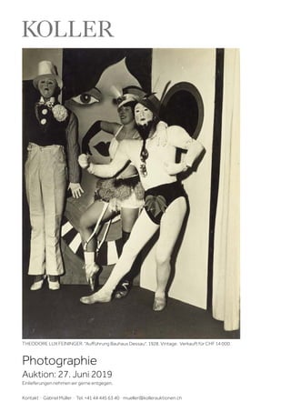Photographie
Auktion: 27. Juni 2019
Einlieferungen nehmen wir gerne entgegen.
Kontakt · Gabriel Müller · Tel. +41 44 445 63 40 · mueller@kollerauktionen.ch
THEODORE LUX FEININGER. "Aufführung Bauhaus Dessau", 1928. Vintage. Verkauft für CHF 14 000.
 