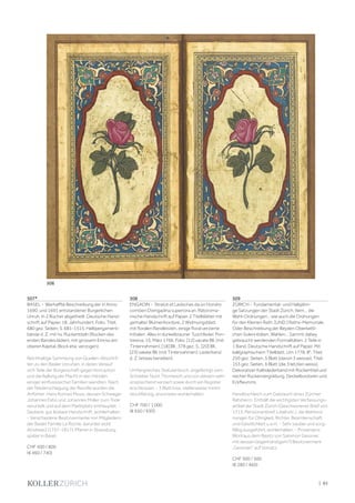 | 85
507*
BASEL - Warhaffte Beschreibung der in Anno
1690. und 1691 entstandener Burgerlichen
Unruh. In 2 Bücher abgetheilt. Deutsche Hand-
schrift auf Papier. 18. Jahrhundert. Folio. Titel,
680 gez. Seiten; S. 681-1515. Halbpergament-
bände d. Z. mit hs. Rückentiteln (Rücken des
ersten Bandes lädiert, mit grossem Einriss am
oberen Kapital, Block etw. verzogen).
Reichhaltige Sammlung von Quellen-Abschrif-
ten zu den Basler Unruhen, in deren Verlauf
sich Teile der Bürgerschaft gegen Korruption
und die Ballung der Macht in den Händen
einiger einflussreicher Familien wandten. Nach
der Niederschlagung der Revolte wurden die
Anführer Hans Konrad Mosis, dessen Schwager
Johannes Fatio und Johannes Müller zum Tode
verurteilt und auf dem Marktplatz enthauptet. -
Saubere, gut lesbare Handschrift, wohlerhalten.
- Verschiedene Besitzvermerke von Mitgliedern
der Basler Familie La Roche, darunter wohl
A[ndreas] (1757-1817), Pfarrer in Strassburg,
später in Basel.
CHF 500 / 800
(€ 460 / 740)
508
ENGADIN - Stratüt et Ledschas da ün Hondro
comöen D‘eingadina superiora an. Rätoroma-
nische Handschrift auf Papier. 2 Titelblätter mit
gemalter Blumenbordüre, 2 Widmungsblatt
mit floralen Randleisten, einige floral verzierte
Initialen. Alles in dunkelbrauner Tuschfeder. Pon-
tresina, 15. März 1766. Folio. [12] vacate Bll. (mit
Tintenrahmen), [18] Bll., 378 gez. S., [20] Bll.,
[23] vakate Bll. (mit Tintenrahmen). Lederband
d. Z. (etwas berieben).
Umfangreiches Statutenbuch, angefertigt vom
Schreiber Nuot Thomesch und von diesem sehr
ansprechend verziert sowie durch ein Register
erschlossen. - 3 Blatt lose, stellenweise minim
stockfleckig, ansonsten wohlerhalten.
CHF 700 / 1 000
(€ 650 / 930)
509
ZÜRICH - Fundamental- und Halbjähri-
ge Satzungen der Stadt Zürich. Item... die
Wahl-Ordnungen... wie auch die Ordnungen
für den Kleinen Rath. [UND:] Raths-Memoriale.
Oder Beschreibung der Beyden Oberkeitli-
chen Solennitäten, Wahlen... Sammt dabey
gebraucht werdenden Formalitäten. 2 Teile in
1 Band. Deutsche Handschrift auf Papier. Mit
kalligraphischem Titelblatt. Um 1778. 8°. Titel,
250 gez. Seiten, 5 Blatt (davon 3 weisse), Titel,
153 gez. Seiten, 6 Blatt (die 3 letzten weiss).
Dekorativer Kalbslederband mit Rückentitel und
reicher Rückenvergoldung, Deckelbordüren und
Eckfleurons.
Handbüchleich zum Gebrauch eines Zürcher
Ratsherrn. Enthält die wichtigsten Verfassungs-
artikel der Stadt Zürich (Geschworener Brief von
1713, Pensionenbrief, Libell etc.), die Wahlord-
nungen für Obrigkeit, Richter, Beamtenschaft
und Geistlichkeit u.a.m. - Sehr sauber und sorg-
fältig ausgeführt, wohlerhalten. - Provenienz:
Wohl aus dem Besitz von Salomon Gessner,
mit dessen (eigenhändigem?) Besitzvermerk
„Gessneri“ auf Vorsatz.
CHF 300 / 500
(€ 280 / 460)
506
 