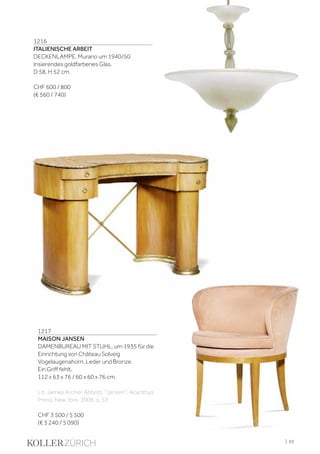 | 65
1216
ITALIENISCHE ARBEIT
DECKENLAMPE, Murano um 1940/50
Irisierendes goldfarbenes Glas.
D 58, H 52 cm.
CHF 600 / 800
(€ 560 / 740)
1217
MAISON JANSEN
DAMENBUREAU MIT STUHL, um 1935 für die
Einrichtung von Château Solveig
Vogelaugenahorn, Leder und Bronze.
Ein Griff fehlt.
112 x 63 x 76 / 60 x 60 x 76 cm.
Lit. James Archer Abbott, "Jansen", Acanthus
Press, New York, 2006, s. 52
CHF 3 500 / 5 500
(€ 3 240 / 5 090)
 