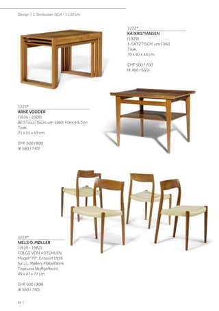 68 |
Design | 2. Dezember 2016 • 11.30 Uhr
1222*
KAI KRISTIANSEN
(1929)
3-SATZTISCH, um 1960
Teak.
70 x 40 x 44 cm.
CHF 500 / 700
(€ 460 / 650)
1223*
ARNE VODDER
(1926 - 2009)
BEISTELLTISCH, um 1960, France & Son
Teak.
71 x 51 x 55 cm.
CHF 600 / 800
(€ 560 / 740)
1224*
NIELS O. MØLLER
(1920 - 1982)
FOLGE VON 4 STÜHLEN,
Modell "77", Entwurf 1959
für J.L. Møllers Møbelfabrik
Teak und Stoffgeflecht.
49 x 47 x 77 cm.
CHF 600 / 800
(€ 560 / 740)
 