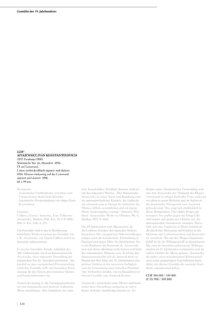 3218*
AIVAZOVSKY, IVAN KONSTANTINOVICH
(1817 Feodosija 1900)
Stürmische See im Abendrot. 1896.
Öl auf Leinwand.
Unten rechts kyrillisch signiert und datiert:
1896. Ebenso rückseitig auf der Leinwand
signiert und datiert: 1896.
68 x 99 cm.
Provenienz:
- Armenischer Familienbesitz, erworben vom
Ururgrossvater direkt beim Künstler.
- Europäische Privatsammlung von obiger Fami-
lie erworben.
Literatur:
Caffiero, Gianni / Samarine, Ivan: Unknown
Aivazovsky, Moskau 2016, Kat. Nr. CS-1896-
004, S. 415, Abb. S. 277.
Das Gemälde wird in das in Bearbeitung
befindliche Werkverzeichnis der Gemälde von
I. K. Aivazovsky von Gianni Caffiero und Ivan
Samarine aufgenommen.
Es ist eine besondere Freude, anlässlich des
200. Geburtstages von Ivan Konstantinovich
Aivazovsky, diese imposante Darstellung der
stürmischen See im Abendrot anzubieten. Das
kürzlich in einer europäischen Privatsammlung
entdeckte Gemälde stellt eine besondere Berei-
cherung für das Oeuvre des russischen Marine-
und Landschaftsmalers dar.
Aivazovsky gelang es, die Naturgegebenheiten
auf eine dramatische und dennoch realistische
Weise einzufangen. Dies formulierte der russi-
sche Kunstkritiker, Wladimir Stassow, treffend
mit den folgenden Worten: „Der Marinemaler
Aivazovsky ist seiner Natur und Begabung nach
ein aussergewöhnlicher Künstler, der vielleicht
wie niemand sonst in Europa die Schönheit des
Wassers lebhaft zu empfinden und auf eigene
Weise wiederzugeben vermag.“ (Stassow, Wla-
dimir: Ausgewählte Werke in 3 Bänden, Bd. 3,
Moskau 1952, S. 669).
Das 19. Jahrhundert wird allgemeinhin als
das Goldene Zeitalter der russischen Malerei
bezeichnet. Die europäischen Stilentwicklungen
prägten auch die künstlerische Entwicklung in
Russland und gegen Mitte des Jahrhunderts lös-
te der Realismus die Romantik ab. Aivazovsky
liess sich davon allerdings nicht beirren und blieb
der romantischen Malweise treu. Er lehnte den
Impressionismus für sich ab, dennoch kann zu
Beginn der 90er Jahre des 19. Jahrhunderts eine
gewisse Tendenz in der intensiven Farbigkeit
und der Verwendung eines schnellen Pinselstri-
ches beobachtet werden, was im Besonderen in
diesem Gemälde zum Ausdruck kommt.
Aivazovsky wiederholte seine Motive mehrmals,
wobei diese Darstellung einzigartig ist und in
keiner weiteren Ausführung bekannt ist. Zu
Beginn seiner künstlerischen Entwicklung wid-
met sich Aivazovsky der Thematik des Meeres
vorwiegend in ruhiger friedvoller Form, während
vor allem in seiner Reifezeit und im Spätwerk
die dramatische Naturgewalt zum Ausdruck
gebracht wird. Dies zeigt sich eindrücklich in
dieser Komposition. Die wilden Wogen der
bewegten See prallen gegen das felsige Ufer
und türmen sich gegen den Himmel auf, der
untergehenden Abendsonne entgegen. Davor
hebt sich eine Vogelschar in Weiss farblich ab,
die durch ihre Bewegung und Feinheit in der
Malweise eine Unbeschwertheit und Souveräni-
tät vermittelt. Das mit den Wogen kämpfende
Schiff ist als ein Wikingerschiff zu identifizieren.
Die einst als Seeräuber gefürchteten Wikinger
wurden im 19. Jahrhundert romantisiert und als
tapfere Helden der Meere gefeiert. Aivazovsky,
der neben seiner künstlerischen Könnerschaft
auch einen ausgeprägten Geschäftssinn hatte,
dürfte mit diesem Gemälde die russische Seele
direkt angesprochen haben.
CHF 380 000 / 550 000
(€ 351 900 / 509 300)
Gemälde des 19. Jahrhunderts
| 128
 