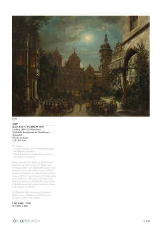 3235*
KAULBACH, WILHELM VON
(Arolsen 1805 - 1874 München)
Nächtliche Kundgebung im Heidelberger
Schlosshof.
Öl auf Leinwand.
73,5 x 100,5 cm.
Provenienz:
- Aus dem Nachlass eines Familienangehörigen
des Künstlers erworben.
- Durch Erbschaft an heutige Besitzer, Privat-
sammlung, Deutschland.
Dieses qualitätsvolle Werk vom Wilhelm von
Kaulbach, der für seine grossen Wand- und
Deckengemälde im 19. Jahrhundert grosse Aner-
kennung genoss, und mit besonderer Vorliebe
historische Ereignisse in seinen Werken themati-
sierte, stellt eine zweite Version der Komposition
im Kurpfälzischen Museum in Heidelberg dar.
Durch die besondere Detailvielfalt und bewegte
Lichtführung gelingt es dem Künstler der Szene
Lebendigkeit zu verleihen.
Dr. Elisabeth Feilen bestätigt die Eigenhän-
digkeit dieses Gemäldes nach Prüfung des
Originals, wofür wir ihr danken.
CHF 8 000 / 12 000
(€ 7 400 / 11 100)
3235
| 145
 