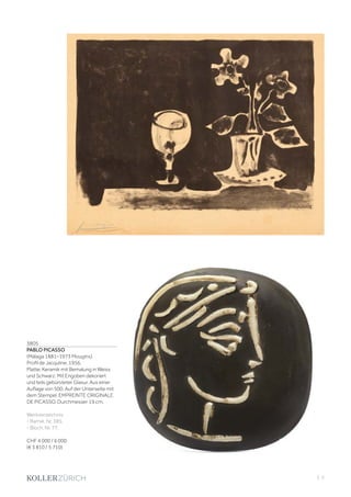 | 5
3805
PABLO PICASSO
(Málaga 1881–1973 Mougins)
Profil de Jacquline. 1956.
Platte. Keramik mit Bemalung in Weiss
und Schwarz. Mit Engoben dekoriert
und teils gebürsteter Glasur. Aus einer
Auflage von 500. Auf der Unterseite mit
dem Stempel: EMPREINTE ORIGINALE
DE PICASSO. Durchmesser 19 cm.
Werkverzeichnis:
- Ramié, Nr. 385.
- Bloch, Nr. 77.
CHF 4 000 / 6 000
(€ 3 810 / 5 710)
 