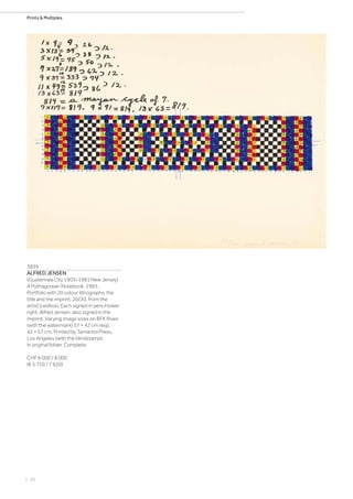 | 30
Prints  Multiples
3839
ALFRED JENSEN
(Guatemala City 1903–1981 New Jersey)
A Pythagorean Notebook. 1965.
Portfolio with 20 colour lithographs, the
title and the imprint. 20/20, from the
artist's edition. Each signed in pencil lower
right: Alfred Jensen, also signed in the
imprint. Varying image sizes on BFK Rives
(with the watermark) 57 × 42 cm resp.
42 × 57 cm. Printed by Tamarind Press,
Los Angeles (with the blindstamp).
In original folder. Complete.
CHF 6 000 / 8 000
(€ 5 710 / 7 620)
 