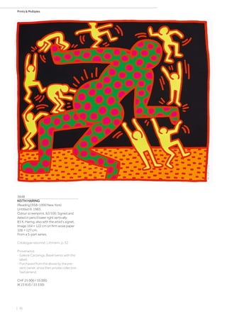 | 36
Prints  Multiples
3848
KEITH HARING
(Reading1958–1990 New York)
Untitled III. 1983.
Colour screenprint. 92/100. Signed and
dated in pencil lower right vertically:
83 K. Haring, also with the artist's signet.
Image 104 × 122 cm on firm wove paper
106 × 127 cm.
From a 5-part series.
Catalogue raisonné: Littmann, p. 32.
Provenance:
- Galerie Carzaniga, Basel (verso with the
label).
- Purchased from the above by the pre-
sent owner, since then private collection
Switzerland.
CHF 25 000 / 35 000
(€ 23 810 / 33 330)
 