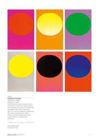 | 37
3849*
RUPPRECHT GEIGER
(1908 Munich 2009)
Modulation. 1969.
Portfolio with 10 colour screeprints and
the imprint. 97/150. Each signed in pencil
and numbered on the reverse: Geiger, also
numbered in the imprint. Sheet size
48 × 32 cm on thin cardboard. Published by
Fred Jahn in Verlag Gernot v. Pape,
Munich. Printed by Atelier Hartmut G.
Laube, Munich. In original folder.
Complete.
Catalogue raisonné: Geiger, no. WVG 125.
CHF 4 000 / 6 000
(€ 3 810 / 5 710)
 