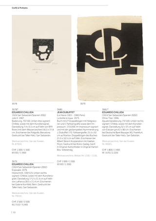 3678*
EDUARDO CHILLIDA
1924 San Sebastián/Spanien 2002
Joiki II. 1987.
Radierung. 70/100. Unten links signiert:
Chillida, sowie mit dem Künstlersignet.
Darstellung 7,4 x 6,5 cm auf Vélin von BFK
Rives (mit dem Wasserzeichen) 56,5 x 37,8
cm. Erschienen bei Polígrafa, Barcelona.
Gedruckt bei Taller Hatz, San Sebastián.
Werkverzeichnis: Van der Koelen,
Nr. 87004.
CHF 1 000 / 1 500
(€ 930 / 1 390)
3679
EDUARDO CHILLIDA
(1924 San Sebastián/Spanien 2002)
Erasoaldi. 1979.
Holzschnitt. 100/125. Unten rechts
signiert: Chillida, sowie mit dem Künstlersi-
gnet. Darstellung 17,2 x 21,4 cm auf Vélin
von Lafranca 28,5 x 21,4 cm. Erschienen
bei Galerie Kornfeld, Bern. Gedruckt bei
Taller Hatz, San Sebastián.
Werkverzeichnis: Van der Koelen,
Nr. 79016.
CHF 2 500 / 3 500
(€ 2 310 / 3 240)
3680
JEAN DUBUFFET
(Le Havre 1901 - 1985 Paris)
La botte à nique. 1973.
Buch mit 27 Doppelbögen mit Heligravü-
ren und 1 Farbserigrafie sowie dem Im-
pressum. 172/200. Im Impressum signiert
und mit der gestempelten Nummerierung:
J. Dubuffet 172. Farbserigrafie: 21,5 x 32
cm auf Karton. Doppelbögen des Buches
21,5 x 16,5 cm auf Vélin. Erschienen bei
Albert Skira in Kooperation mit Gaëtan
Picon. Gedruckt bei Rotro-Sadag, Genf.
In Original-Kartonfolder in Original-Karton
Box. Vollständig.
Werkverzeichnis: Webel, Nr. 1100 - 1156.
CHF 1 000 / 1 500
(€ 930 / 1 390)
3681*
EDUARDO CHILLIDA
(1924 San Sebastián/Spanien 2002)
Ohne Titel. 1996.
Aquatintaradierung. 73/100. Unten rechts
signiert: Chillida, sowie mit dem Künstler-
signet. Darstellung 32 x 37 cm auf Vélin
von Eskulan gris 61 x 80 cm. Erschienen
bei Deutsche Bank Bauspar AG, Frankfurt.
Gedruckt bei Taller Hatz, San Sebstián.
Werkverzeichnis: Van der Koelen,
Nr. 96001.
CHF 1 800 / 2 400
(€ 1 670 / 2 220)
36793678
| 52
Grafik  Multiples
 