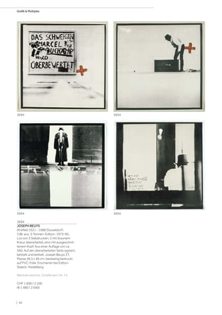 3694
JOSEPH BEUYS
(Krefeld 1921 - 1986 Düsseldorf)
3 Bll. aus: 3-Tonnen-Edition. 1973-85.
Los von 3 Siebdrucken, 2 mit braunem
Kreuz überarbeitet, eins mit ausgeschnit-
tenem Kopf. Aus einer Auflage von ca.
560. Auf der überarbeiteten Seite signiert,
betitelt und betitelt: Joseph Beuys 3T.
Masse 46,5 x 46 cm, beidseitig bedruckt
auf PVC-Folie. Erschienen bei Edition
Staeck, Heidelberg.
Werkverzeichnis: Schellmann, Nr. 74.
CHF 1 600 / 2 200
(€ 1 480 / 2 040)
3694
3694
3694
3694
| 60
Grafik  Multiples
 