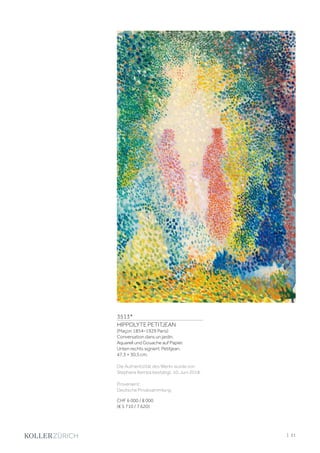 3513*
HIPPOLYTE PETITJEAN
(Maçon 1854–1929 Paris)
Conversation dans un jardin.
Aquarell und Gouache auf Papier.
Unten rechts signiert: Petitjean.
47,3 × 30,5 cm.
Die Authentizität des Werks wurde von
Stephane Kempa bestätigt, 10. Juni 2018.
Provenienz:
Deutsche Privatsammlung.
CHF 6 000 / 8 000
(€ 5 710 / 7 620)
| 21
 