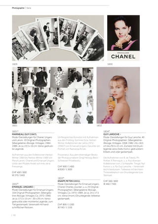 | 80
Photographie | Varia
1831*
MARINEAU, GUY (1947).
Mode-Darstellungen für Chanel, Ungaro
und Lanvin. 19 Original-Photographien.
Silbergelatine-Abzüge. Vintages. 1984-
1989. Je ca. 23,5 x 16 cm. Verso gedruck-
te Legende.
Aufnahmen aus den Kollektionen Herbst-
Winter 1984 bis Herbst-Winter 1989 von
Maryll Lanvin, Chanel und Emanuel Ungaro.
Unter den Models findet sich Inès de la
Fressange.
CHF 400 / 600
(€ 370 / 560)
1832*
EMANUEL UNGARO -
Mode-Darstellungen für Emanuel Ungaro.
104 Original-Photographien. Silbergela-
tine-Abzüge. Vintages. Ca. 1972-1990.
Je ca. 17,5 x 13 cm - 30 x 29 cm. Verso
gedruckte oder montierte Legende, zum
Teil gestempelt. Vereinzelt mit hand-
schriftlichen Notizen.
Umfangreiches Konvolut mit Aufnahmen
aus den Frühling-Sommer bzw. Herbst-
Winter-Kollektionen der Jahre 1972-
1990(?) von Emanuel Ungaro. Darunter ein
Portrait von Nastassja Kinski.
Provenienz: Aus dem ehemaligen Besitz
der Photojournalistin Gingi Herzog-Beck -
Schweizer Privatbesitz.
CHF 900 / 1 400
(€ 830 / 1 300)
1833*
KNAPP, PETER (1931).
Mode-Darstellungen für Emanuel Ungaro,
Chanel, Charles Jourdan, u. a. 25 Original-
Photographien. Silbergelatine-Abzüge.
Vintages. Ca. 1973-1989. Je ca. 24 x 17,5
cm. Verso (mont.) Drucklegende, teilweise
gestempelt.
CHF 800 / 1 200
(€ 740 / 1 110)
1834*
GUY LAROCHE -
Mode-Darstellungen für Guy Laroche. 40
Original-Photographien. Silbergelatine-
Abzüge. Vintages. 1958-1982. 24 x 18,5
cm bis 29,5 x 21 cm. Zumeist mit Druck-
legende verso (teils mont.), gedrucktem
Etikett und/ oder gestempelt.
Die Aufnahmen von B. de Toledo, Ph.
Pottier, P. Perroquin, u. a. Aus diversen
Kollektionen von J. Schlaepfer, Tergal, Nyl-
france, u. a. für Guy Laroche. - Vereinzelt
leicht bestossen. Teilweise mit leichtem
Tintenabklatsch von Drucklegende bzw.
Stempel.
CHF 500 / 800
(€ 460 / 740)
1830
1831 1832
1829
 
