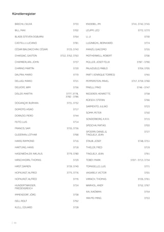 BAECHLI, SILVIA 3733
BILL, MAX 3702
BLADE (STEVEN OGBURN) 3764
CASTELLI, LUCIANO 3781
CÉSAR (BALDACCHINI, CÉSAR) 3725, 3743
CHAISSAC, GASTON 3722, 3762, 3763
CHAMBERLAIN, JOHN 3737
CHIRINO, MARTÍN 3720
DALPRA, MARIO 3770
DELUIGI, MARIO 3721
DELVOYE, WIM 3756
DISLER, MARTIN 3777, 3778,
3782 - 3786
DOGANÇAY, BURHAN 3731, 3732
DOMOTO, HISAO 3717
DORAZIO, PIERO 3744
FEITO, LUIS 3714
FRANCIS, SAM 3735, 3736
GUDERIAN, LOTHAR 3768
HAINS, RAYMOND 3716
HARTUNG, HANS 3718
HASENBÖHLER, NIKLAUS 3779, 3780
HIRSCHHORN, THOMAS 3729
HIRST, DAMIEN 3739, 3740
HOFKUNST, ALFRED 3775, 3776
HOFKUNST, ALFRED 3776
HUNDERTWASSER,
FRIEDENSREICH
3724
IMMENDORF, JÖRG 3738
ISELI, ROLF 3792
KLELL, EDUARD 3728
KNOEBEL, IMI 3741, 3742, 3745
LEUPPI, LEO 3772, 3773
LI, JI 3730
LUGINBÜHL, BERNHARD 3774
MANZÙ, GIACOMO 3755
MOTHERWELL, ROBERT 3706
MÜLLER, JOSEF FELIX 3787 - 3790
PALAZUELO, PABLO 3704, 3705
PART 1 (ENRIQUE TORRES) 3765
PEPPERSTEIN, PAVEL 3757, 3759, 3760
PINELLI, PINO 3746 - 3747
RIEDERER, HENRIETTE 3758
RÜESCH, STEFAN 3766
SARMENTO, JULIAO 3723
SOMM, PETER 3750
SONDERBORG, K.R.H. 3715
SPESCHA, MATIAS 3703
SPOERRI, DANIEL 
TINGUELY, JEAN
3727
STAUB, JOSEF 3748, 3751
THIELER, FRED 3719
TINGUELY, JEAN 3791
TOBEY, MARK 3707 - 3713, 3734
TOMASELLO, LUIS 3771
VASARELY, VICTOR 3701
VIRNICH, THOMAS 3726, 3761
WARHOL, ANDY 3752, 3767
XIA, XIAOWAN 3754
YAN PEI-MING 3753
| 98
Künstlerregister
 