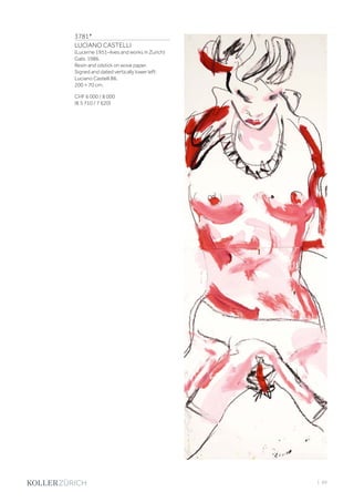 | 89
3781*
LUCIANO CASTELLI
(Lucerne 1951–lives and works in Zurich)
Gabi. 1986.
Resin and oilstick on wove paper.
Signed and dated vertically lower left:
Luciano Castelli 86.
200 × 70 cm.
CHF 6 000 / 8 000
(€ 5 710 / 7 620)
 