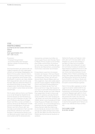 | 26
PostWar  Contemporary
3720
MARTÍN CHIRINO
(Las Palmas de Gran Canaria 1925–2019
Madrid)
Viento.
Eisen, geschmiedet. 3/11.
247 × 195 × 51 cm.
Provenienz:
- Privatsammlung Schweiz.
- Durch Erbschaft an den heutigen
Besitzer, seitdem Privatsammlung
Österreich.
Das Eisenhandwerk, als Leidenschaft und
zugleich Inspiration für sein Lebenswerk,
versteht sich als stetiger Wegbegleiter von
Martín Chirinos Leben. Geboren 1925 in
Las Palmas de Gran Canaria, verbringt Chi-
rino als Jugendlicher seine Freizeit in der
Schiffswerft, in welcher sein Vater arbeitet.
Nicht wegzudenken, dass sich der junge
Künstler dabei die zahlreichen Reisen an
die afrikanische Küste mit seinem Vater
entgehen lässt. Die Einflüsse Afrikas las-
sen sich später in seiner Arbeit als Künstler
wiederfinden.
Mit 23 Jahren zieht es Chirino nach Madrid,
wo er an der Königlichen Akademie der
Schönen Künste von San Fernando stu-
diert und 1952 schliesslich mit dem Titel
eines Professors abschliesst. Es folgen
Reisen nach Paris, London und Italien, in
denen er die Kunst der Bildhauerei vertieft
und sich innerhalb dieser mit grossen
Meistern wie Henry Moore oder Julio
González auseinandersetzt. Darin gründet
all das Wissen, welches er nach seiner
Rückkehr in die kanarische Heimat in sei-
ner Werkstatt ausübt. Zudem teilt Chirino
seine Leidenschaft für die kanarischen
Ureinwohner und deren Inschriften mit
seinem guten Freund, dem Künstler Mano-
lo Millares. Mit ihm studiert er die Schriften
jener Völker und ihre Kultur. So erstaunt
es nicht, dass in seinem Schaffen die zwei
Bereiche, das Material Eisen und die afrika-
nische Kultur, ineinander verschmelzen.
Er beschliesst zusammen mit anderen
Künstlern der Kanaren 1955 nach Madrid
umzusiedeln. 1958 tritt er der spanischen
Künstlergruppe El Paso bei, der auch
Antonio Saura, Manolo Millares oder Luis
Feito angehören. Zwei Jahre später jedoch
wird die Gruppe aufgelöst. Parallel eröffnet
Chirino seine erste Einzelausstellung im
Ateneo von Madrid, die den Titel Los
Hierros de Chirino trägt. Darin äussert er
nach wie vor seine tiefe Verbundenheit mit
seiner Heimat, wie aber auch dem Material
Eisen gegenüber, mit dem er bevorzugt
arbeitet. Ein weiteres zentrales Element
seines Schaffens tritt in den Vordergrund
- die Spirale. Sie nimmt ihren Anfang in den
1960er Jahren in einer Ausstellung im New
Yorker Museum of Modern Art mit der Ar-
beit „El Viento“. Ein schönes Beispiel hierzu
präsentiert das hier angebotene Werk.
Dieses Element stellt eine Anlehnung
an eine Spirale dar, die durch einen Wind
erzeugt wird. Dabei verfolgt Chirino stets
das Ziel, dem Werk mit einem Minimum an
Materie das Höchstmass an Ausdruck zu
verleihen.
Zahlreiche Museen und Galerien in den
USA, aber auch in Europa stellen seine
Arbeiten aus, was ihn dazu bewegt, in
die Nähe von New York umzusiedeln.
Sein Schaffen wird schliesslich mit dem
ihm vom Kulturministerium verliehenen
Nationalpreis für plastische Kunst im Jahr
1980 geehrt. Im Weiteren übernimmt er
den Vorsitz der Kulturinstitution Círcolo
de Bellas Artes in Madrid und beteiligt sich
einige Jahre später wesentlich am Aufbau
des Atlantischen Zentrums für Moderne
Kunst (CAAM) in Las Palmas. Dieses zeit-
genössische Kunstmuseum wird von ihm
konzipiert und anschliessend geleitet.
Martín Chirinos Werk, geprägt von seiner
Jugend und seiner Leidenschaft für das
afrikanische Volk, wird stetig von neuen
Inspirationen und Einflüssen seiner Reisen
und seiner Begegnungen geformt. Doch
bleibt er über all die Zeit seinem Ursprung,
den kanarischen Inseln, treu. Nicht nur
eröffnet er hier kulturelle Institutionen,
sondern lässt ebenso viele seiner Arbeiten
in das Erscheinungsbild seiner Heimat und
damit in den öffentlichen Raum einflies-
sen.
CHF 35 000 / 45 000
(€ 33 330 / 42 860)
 