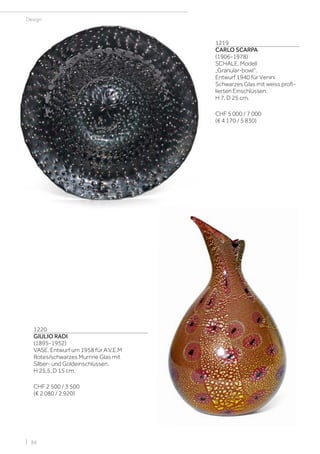 | 86
Design
1219
CARLO SCARPA
(1906-1978)
SCHALE, Modell
„Granular-bowl“,
Entwurf 1940 für Venini
Schwarzes Glas mit weiss profi-
lierten Einschlüssen.
H 7, D 25 cm.
CHF 5 000 / 7 000
(€ 4 170 / 5 830)
1220
GIULIO RADI
(1895-1952)
VASE, Entwurf um 1958 für A.V.E.M
Rotes/schwarzes Murrine Glas mit
Silber- und Goldeinschlüssen.
H 25,5, D 15 cm.
CHF 2 500 / 3 500
(€ 2 080 / 2 920)
 