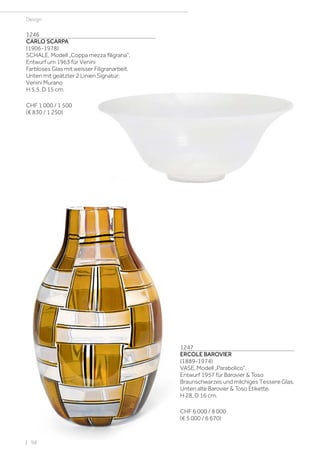 | 98
Design
1246
CARLO SCARPA
(1906-1978)
SCHALE, Modell „Coppa mezza filigrana“,
Entwurf um 1963 für Venini
Farbloses Glas mit weisser Filigranarbeit.
Unten mit geätzter 2 Linien Signatur:
Venini Murano
H 5,5, D 15 cm.
CHF 1 000 / 1 500
(€ 830 / 1 250)
1247
ERCOLE BAROVIER
(1889-1974)
VASE, Modell „Parabolico“,
Entwurf 1957 für Barovier & Toso
Braunschwarzes und milchiges Tessere Glas.
Unten alte Barovier & Toso Etikette.
H 28, D 16 cm.
CHF 6 000 / 8 000
(€ 5 000 / 6 670)
 
