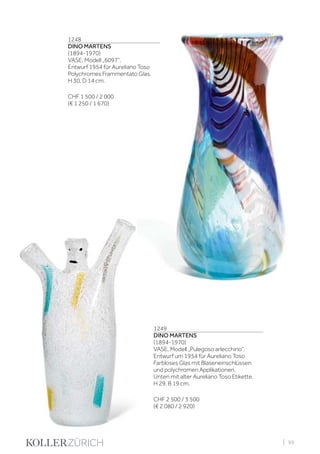 | 99
1249
DINO MARTENS
(1894-1970)
VASE, Modell „Pulegoso arlecchino“,
Entwurf um 1954 für Aureliano Toso
Farbloses Glas mit Blaseneinschlüssen
und polychromen Applikationen.
Unten mit alter Aureliano Toso Etikette.
H 29, B 19 cm.
CHF 2 500 / 3 500
(€ 2 080 / 2 920)
1248
DINO MARTENS
(1894-1970)
VASE, Modell „6097“,
Entwurf 1954 für Aureliano Toso
Polychromes Frammentato Glas.
H 30, D 14 cm.
CHF 1 500 / 2 000
(€ 1 250 / 1 670)
 