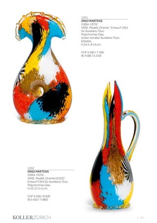 | 101
1251
DINO MARTENS
(1894-1970)
VASE, Modell „Oriente“, Entwurf 1952
für Aureliano Toso
Polychromes Glas.
Unten mit alter Aureliano Toso
Etikette.
H 24,5, B 14 cm.
CHF 5 500 / 7 500
(€ 4 580 / 6 250)
1252
DINO MARTENS
(1894-1970)
VASE, Modell „Oriente (5323)“,
Entwurf 1954 für Aureliano Toso
Polychromes Glas.
H 33, D 11,5 cm.
CHF 6 500 / 8 500
(€ 5 420 / 7 080)
 