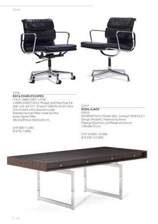 | 110
Design
1274
RAY & CHARLES EAMES
(1912-1988) (1907-1978)
2 ARMLEHNSTÜHLE, Modell „Soft Pad Chair EA
208“ und „EA 217“, Entwurf 1969 für Knoll / Vitra
Chromstahl und schwarzes Leder.
Etikette Herman Miller made by Vitra
sowie Signet Miller.
58x53x83 bzw. 58x55x85 cm.
CHF 800 / 1 200
(€ 670 / 1 000)
1275*
BODIL KJAER
(1932)
SCHREIBTISCH, Modell „901“, Entwurf 1959 für C.I.
Design (Modell E. Pederson & Sons)
Makasar Ebenholz und Metall verchromt.
199x98x73 cm.
CHF 10 000 / 15 000
(€ 8 330 / 12 500)
 