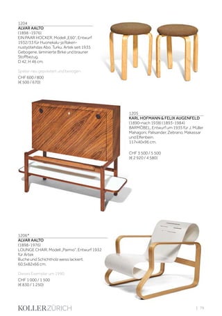 | 79
1204
ALVAR AALTO
(1898 -1976)
EIN PAAR HOCKER, Modell „E60“, Entwurf
1932/33 für Huonekalu-ja Raken-
nustyötehdas Abo, Turku, Artek seit 1935
Gebogene, laminierte Birke und brauner
Stoffbezug.
D 42, H 46 cm.
Später neu gepolstert und bezogen.
CHF 600 / 800
(€ 500 / 670)
1205
KARL HOFMANN & FELIX AUGENFELD
(1890–nach 1938) (1893-1984)
BARMÖBEL, Entwurf um 1935 für J. Müller
Mahagoni, Palisander, Zebrano, Makassar
und Elfenbein.
117x40x96 cm.
CHF 3 500 / 5 500
(€ 2 920 / 4 580)
1206*
ALVAR AALTO
(1898-1976)
LOUNGE CHAIR, Modell „Paimio“, Entwurf 1932
für Artek
Buche und Schichtholz weiss lackiert.
60,5x82x66 cm.
Dieses Exemplar um 1990.
CHF 1 000 / 1 500
(€ 830 / 1 250)
 