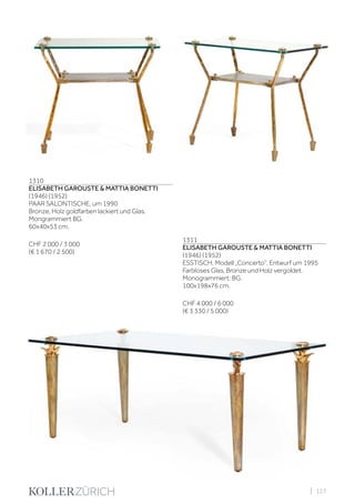 | 127
1310
ELISABETH GAROUSTE & MATTIA BONETTI
(1946) (1952)
PAAR SALONTISCHE, um 1990
Bronze, Holz goldfarben lackiert und Glas.
Mongrammiert BG.
60x40x53 cm.
CHF 2 000 / 3 000
(€ 1 670 / 2 500)
1311
ELISABETH GAROUSTE & MATTIA BONETTI
(1946) (1952)
ESSTISCH, Modell „Concerto“, Entwurf um 1995
Farbloses Glas, Bronze und Holz vergoldet.
Monogrammiert: BG.
100x198x76 cm.
CHF 4 000 / 6 000
(€ 3 330 / 5 000)
 