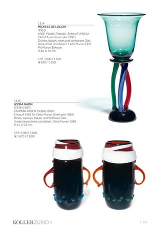 | 129
1314
MICHELE DE LUCCHI
(1951)
VASE, Modell „Tripode“, Entwurf 1990 für
Cleto Munari (Exemplar 1991)
Grünes, blaues, rotes und schwarzes Glas.
Bezeichnet und datiert: Cleto Munari 1991.
Mit Munari Etikette.
H 44, D 20 cm.
CHF 1 000 / 1 500
(€ 830 / 1 250)
1315
IZZIKA GAON
(1938-1997)
EIN PAAR VASEN, Modell „8962“,
Entwurf 1985 für Cleto Munari (Exemplar 1989)
Rotes, weisses, blaues und farbloses Glas.
Unten bezeichnet und datiert: Cleto Munari 1989.
H 41, D 22 cm.
CHF 2 000 / 3 000
(€ 1 670 / 2 500)
 
