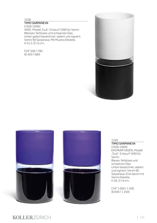 | 135
1328
TIMO SARPANEVA
(1926-2006)
VASE, Modell „Tuuli“, Entwurf 1990 für Venini
Weisses, farbloses und schwarzes Glas.
Unten geätzt bezeichnet, datiert und signiert:
Venini 90 Sarpaneva. Mit Murano Etikette.
H 31,5, D 15 cm.
CHF 500 / 700
(€ 420 / 580)
1329
TIMO SARPANEVA
(1926-2006)
EIN PAAR VASEN, Modell
„Tuuli“, Entwurf 1990 für
Venini
Blaues, farbloses und
schwarzes Glas.
Unten bezeichnet, datiert
und signiert: Venini 90
Sarpaneva. Eine davon mit
Venini Etikette.
H 26, D 14 cm.
CHF 1 000 / 1 500
(€ 830 / 1 250)
 