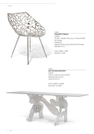 | 150
Design
1365
PHILIPPE STARCK
(1949)
STUHL, Modell „Miss Lacy“, Entwurf 2007
für Driade
Edelstahl.
Signiert Miss Lacy by Starck with Driade.
58x58x77 cm.
CHF 1 000 / 1 500
(€ 830 / 1 250)
1366
GUY DE ROUGEMONT
(1935)
TISCH, Unikat, Entwurf 2010
Poliertes Aluminium.
220x72x76 cm.
CHF 10 000 / 15 000
(€ 8 330 / 12 500)
 